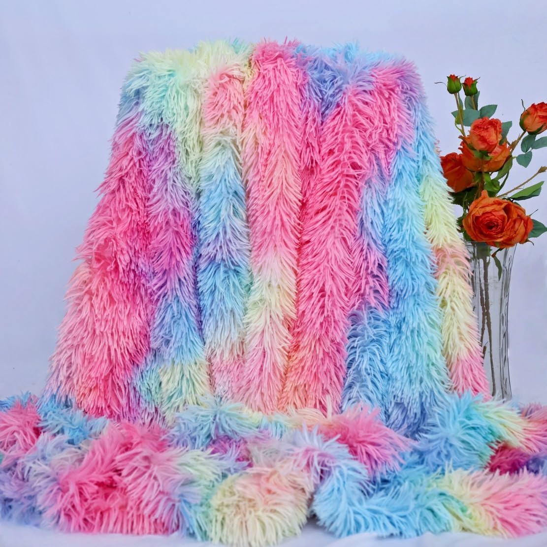 Plush Super Soft Blanket Bedding Sofa Cover Furry Fuzzy Fur Warm Throw Qulit Cozy Couch Blanket for Winter (51"x63",Dark Rainbow)