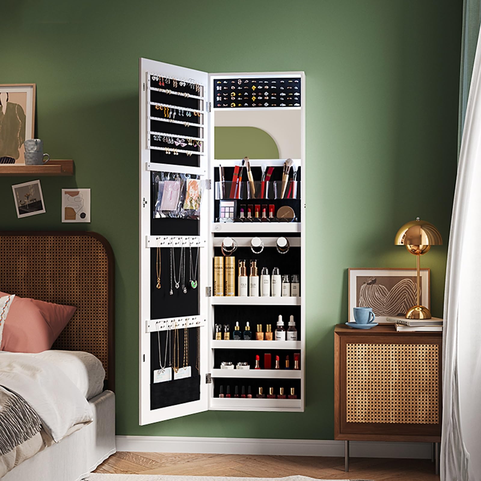 HXYhydrypd Mirror Jewelry Cabinet, Wall-Mounted Cabinet with LED Interior Lights, Jewelry Organizer, Full-Length Mirror(Brown)