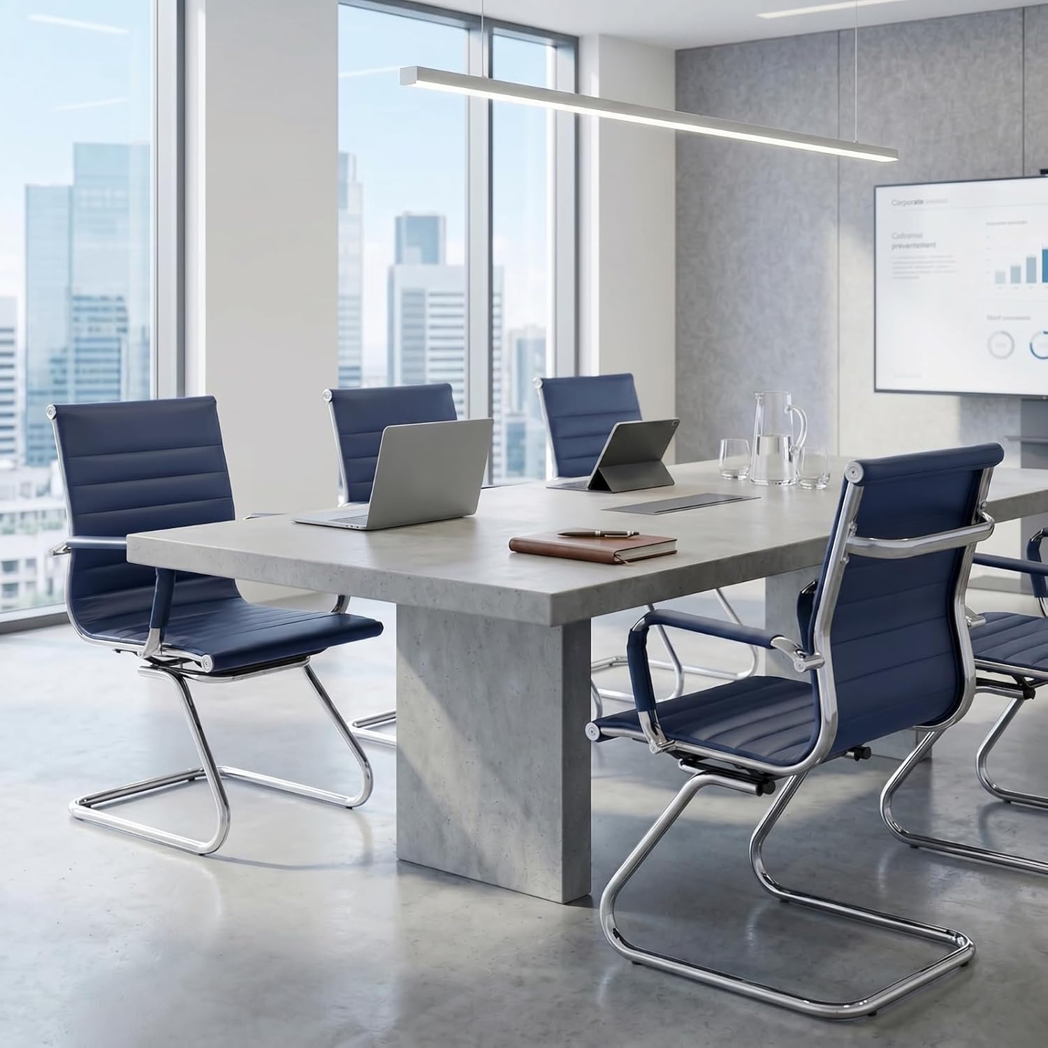 Wahson Office Guest Chairs Set of 2, Leather Reception Chairs, Mid Back Waiting Room Chair, Conference Chairs with Sled Base, Desk Chair No Wheels for Meeting/Lobby/Restroom, Navy Blue