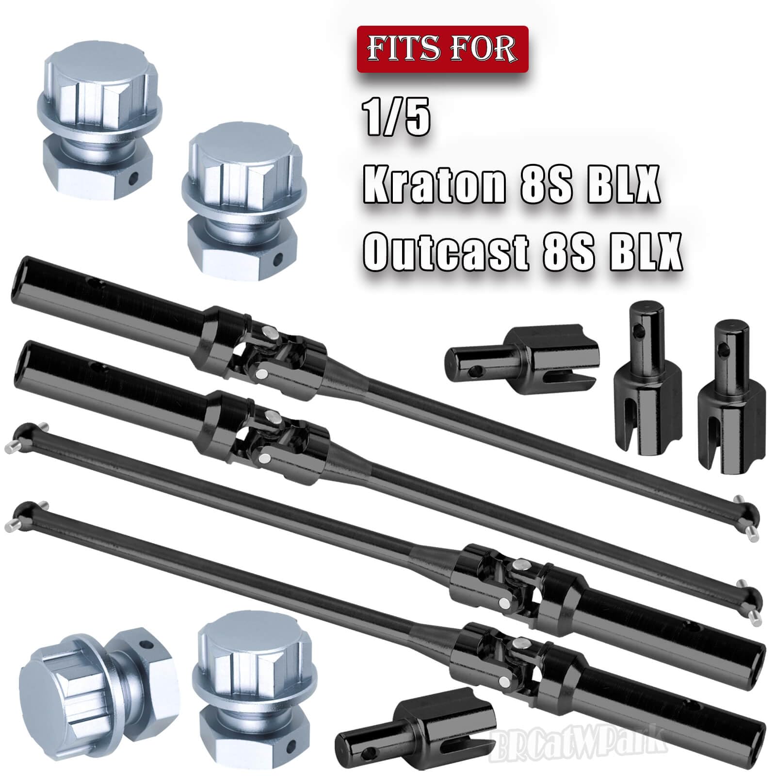 BRCatWPark RC Drive Shaft Axles & Diff Outdrive Upgrades Part for 1/5 KRATON 8S BLX/Outcast 8S BLX,4PCS Front Rear CVD Driveshaft w/Wheel Hex Nuts Hop Ups,Black & Titanium