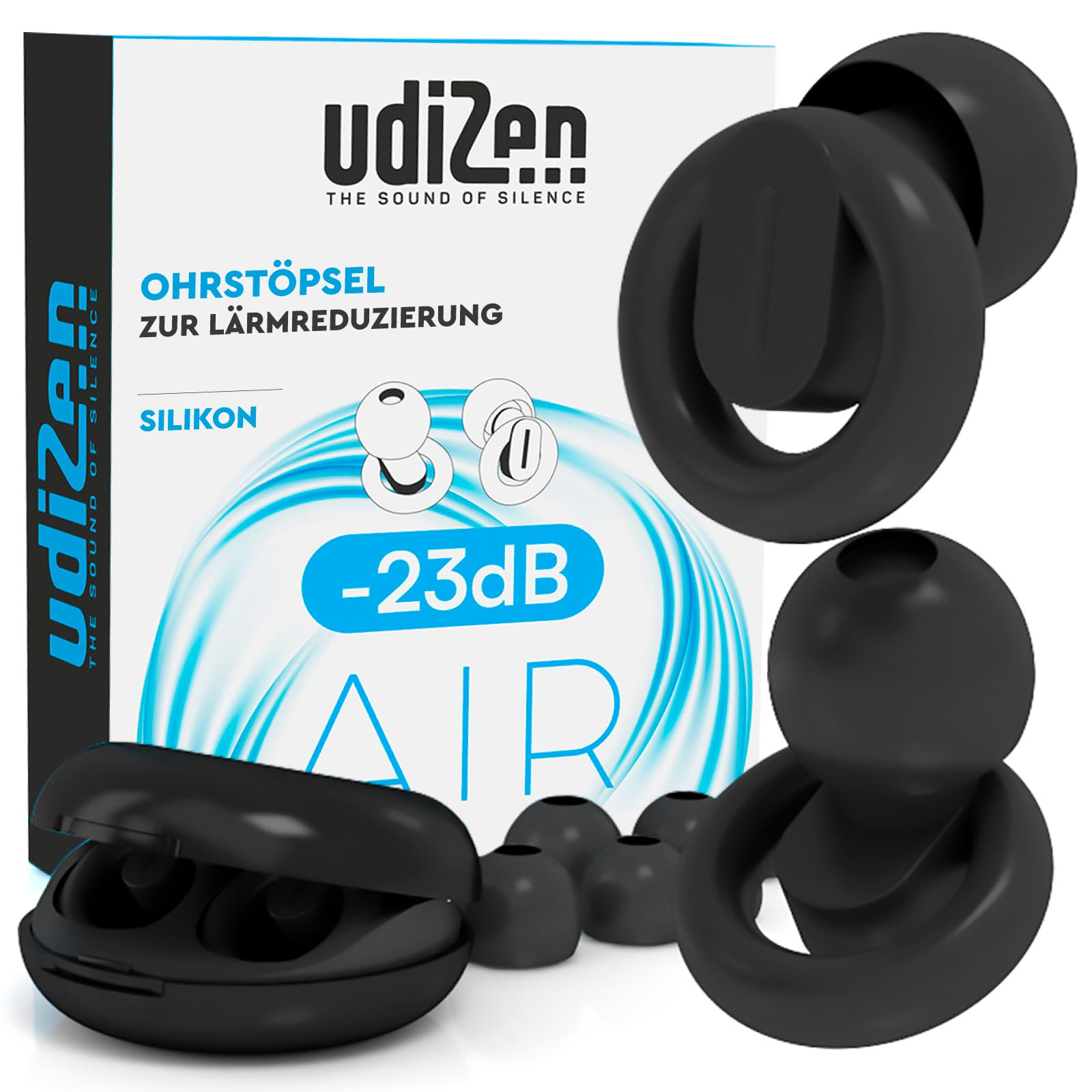 Ohrstöpsel für Reisen Schlafen Lernen mit Geräuschunterdrückung -23dB UdiZen Air - 1 Paar wiederverwendbare ergonomische Ohrstöpsel Geräuschreduzierung SNR 23dB Farbe Schwarz mit Hartschalenkoffer