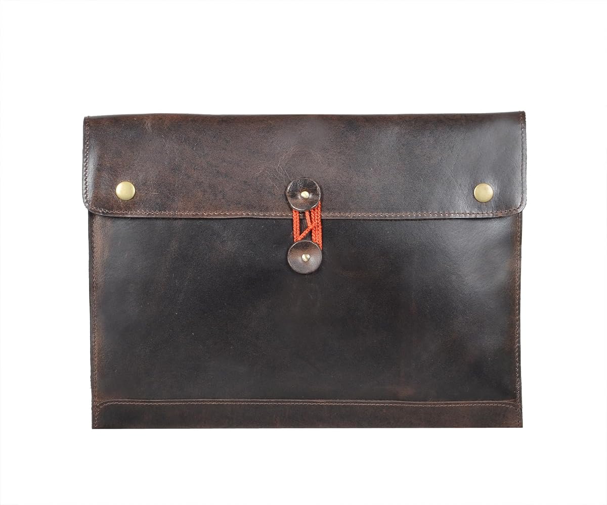 Leather Envelope Portfolio, Document Folder Organizer with Brass Snap Closure, Laptop Sleeve Case for Men and Women (Brown)