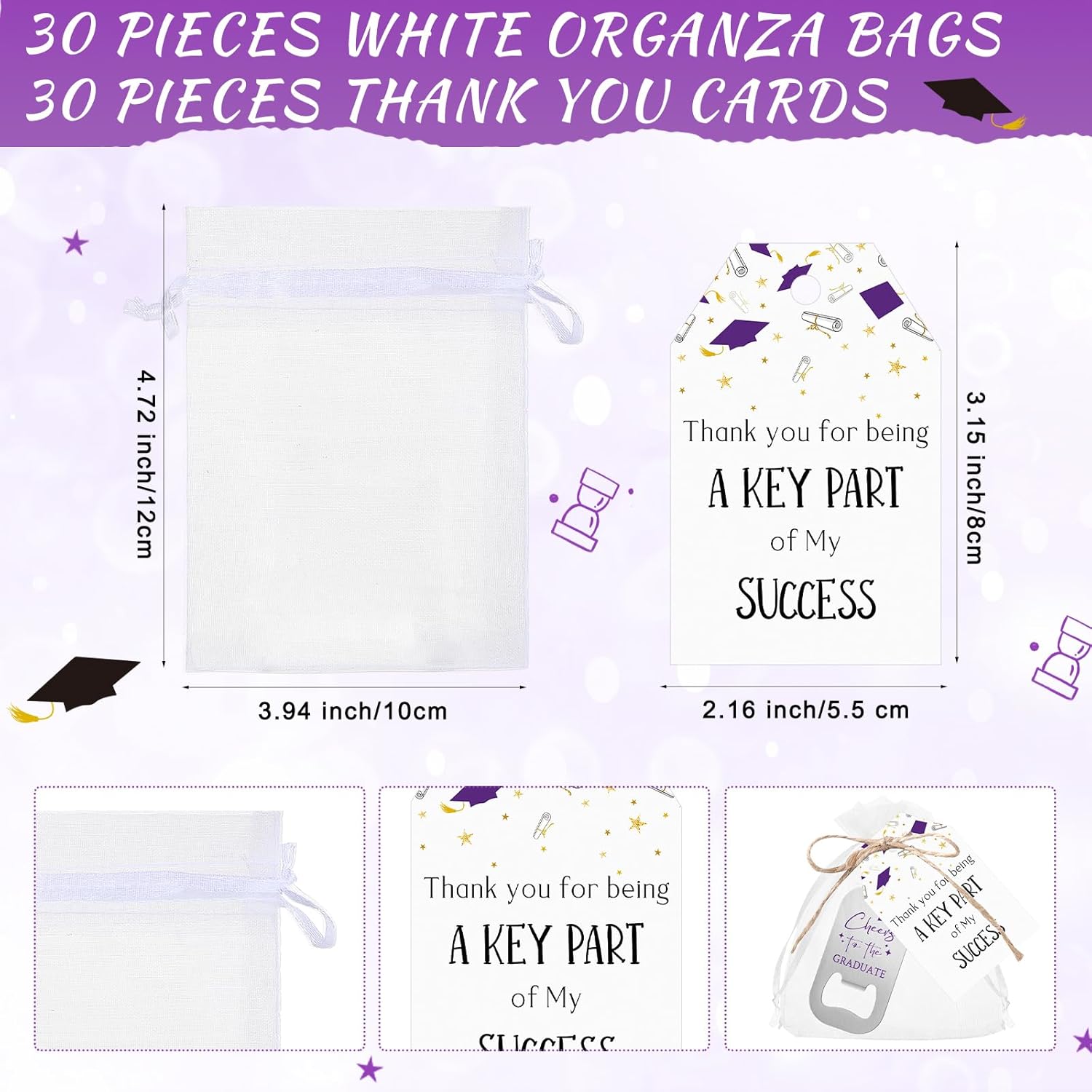 Vesici 30 Sets 2026 Graduation Party Favors for Guests Cheers to the Graduate Bottle Opener Keychain with Thank You Cards Organza Bags Graduation Gifts for College High School Graduates(Purple)