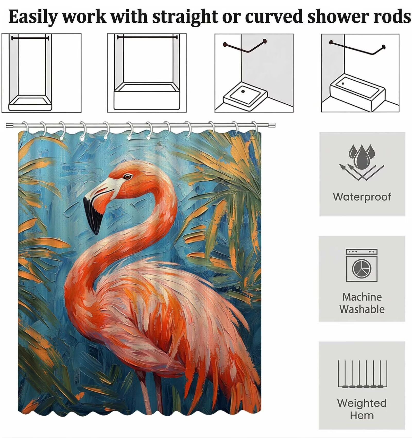 Rideau de Douche 240 x 180 cm, Rideaux de Douche Tropical Lavable avec 12 Crochets, Imperméable Rideaux Flamants roses, Facile à Nettoyer, Séchage Rapide Rideau, pour Décoration Baignoire D-9469