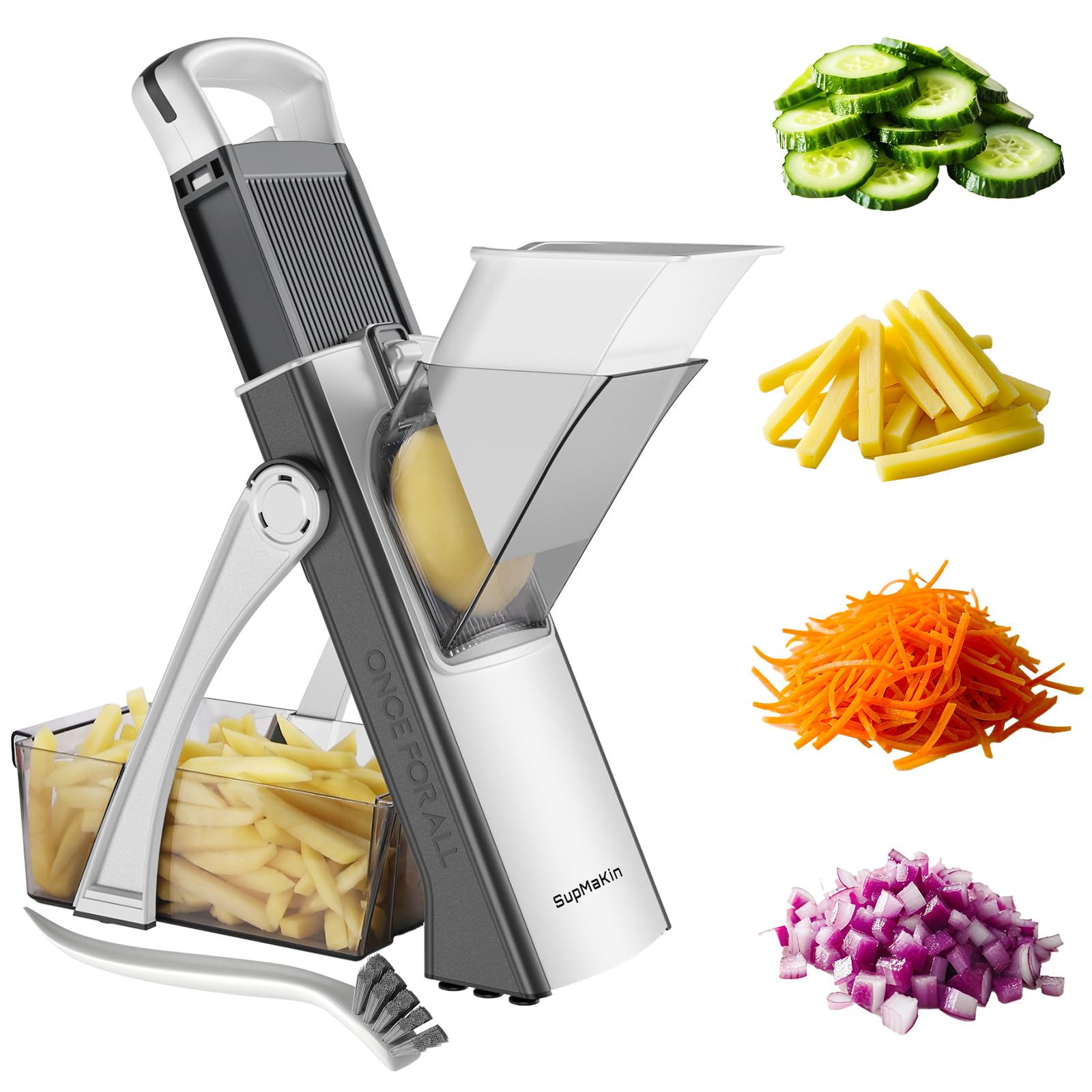 supmakin safe mandoline slicer plus for kitchen adjustable vegetable slicer | 0.1-8mm, cut resistant stainless steel blades,potato fry cutter, onion chopper, detachable,foldable dishwasher safe, gifts
