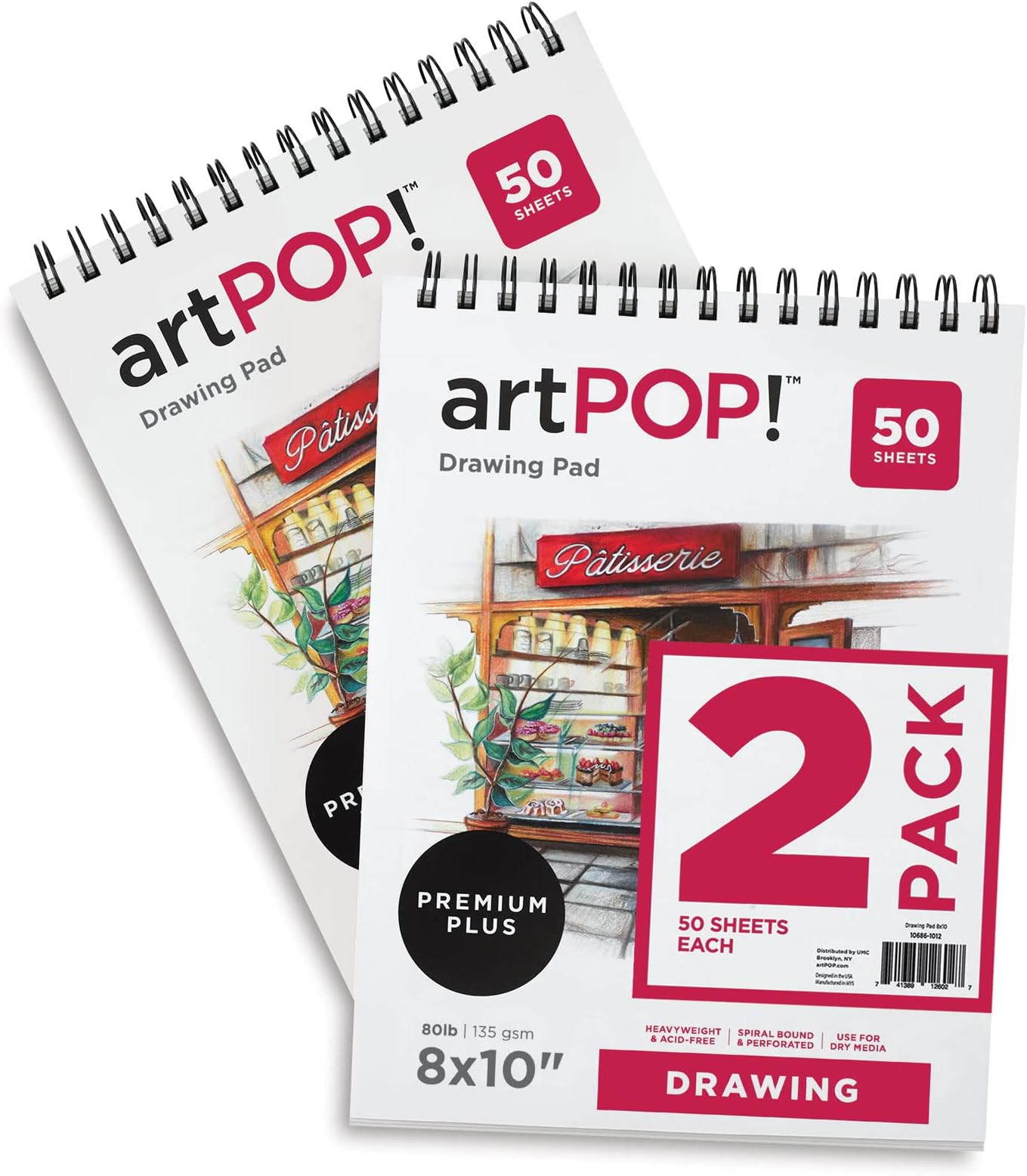 artPOP! Drawing Paper Pads, 2-Pack, 8" x 10", 50 Sheets Each, 80 lb (135gsm), Acid Free Sketchbook for Dry Media, Top Wirebound Sketchpad for Colored Pencil, Sketching, Graphite, Charcoal, Pastels