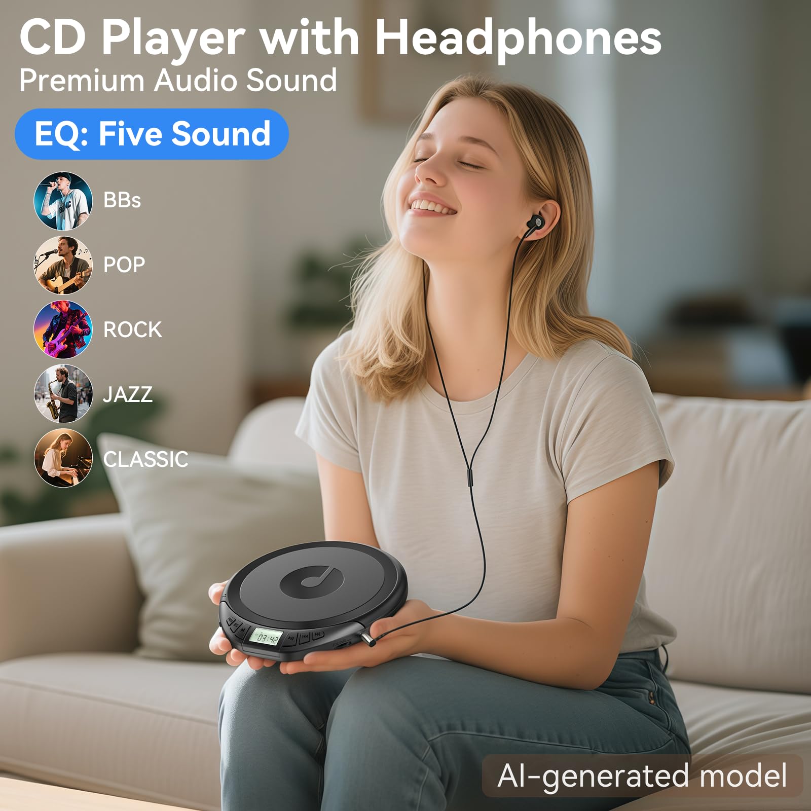 Lecteur CD portable avec casque de voiture portable et résistant aux chocs avec écran LCD, câble auxiliaire et écouteurs pour le sport, la maison, l'extérieur