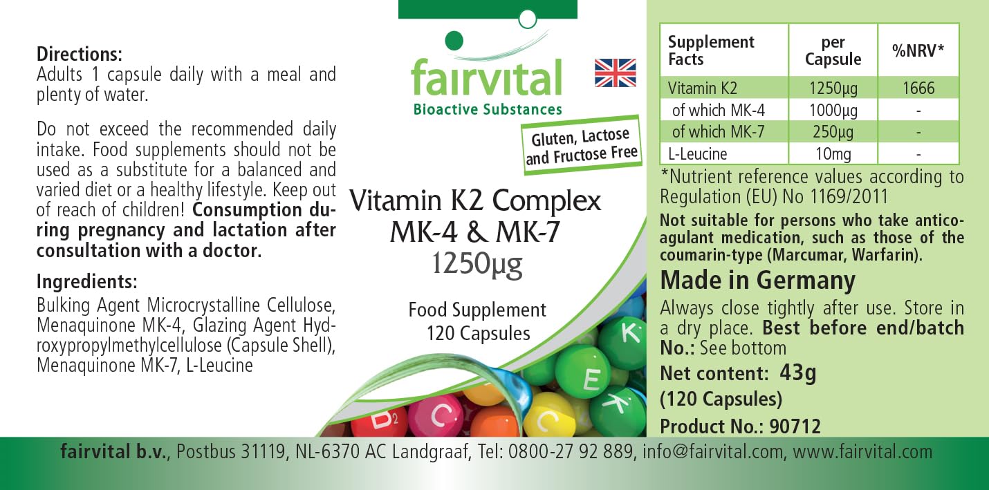 fairvital Complexe de vitamine K2 MK-4 & MK-7-1250 mcg de K2 par gélule, 120 gélules, faciles à avaler, HAUTEMENT DOSÉ, VÉGÉTALIEN, MK-7
