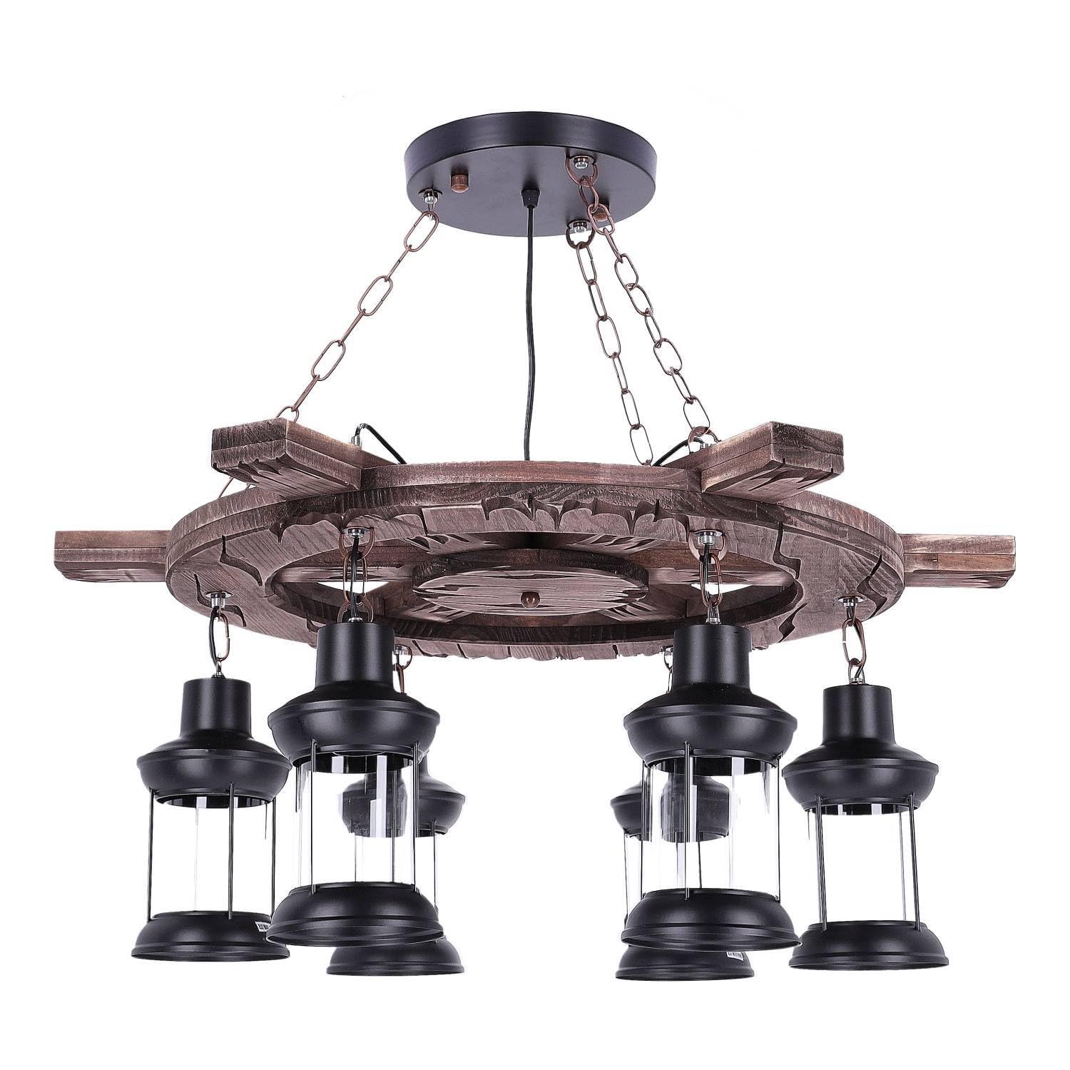 TIBU Hängelampe aus Holz Vintage Lampe Ruder Wohnzimmer E27 höhenverstellbar 6 flammig