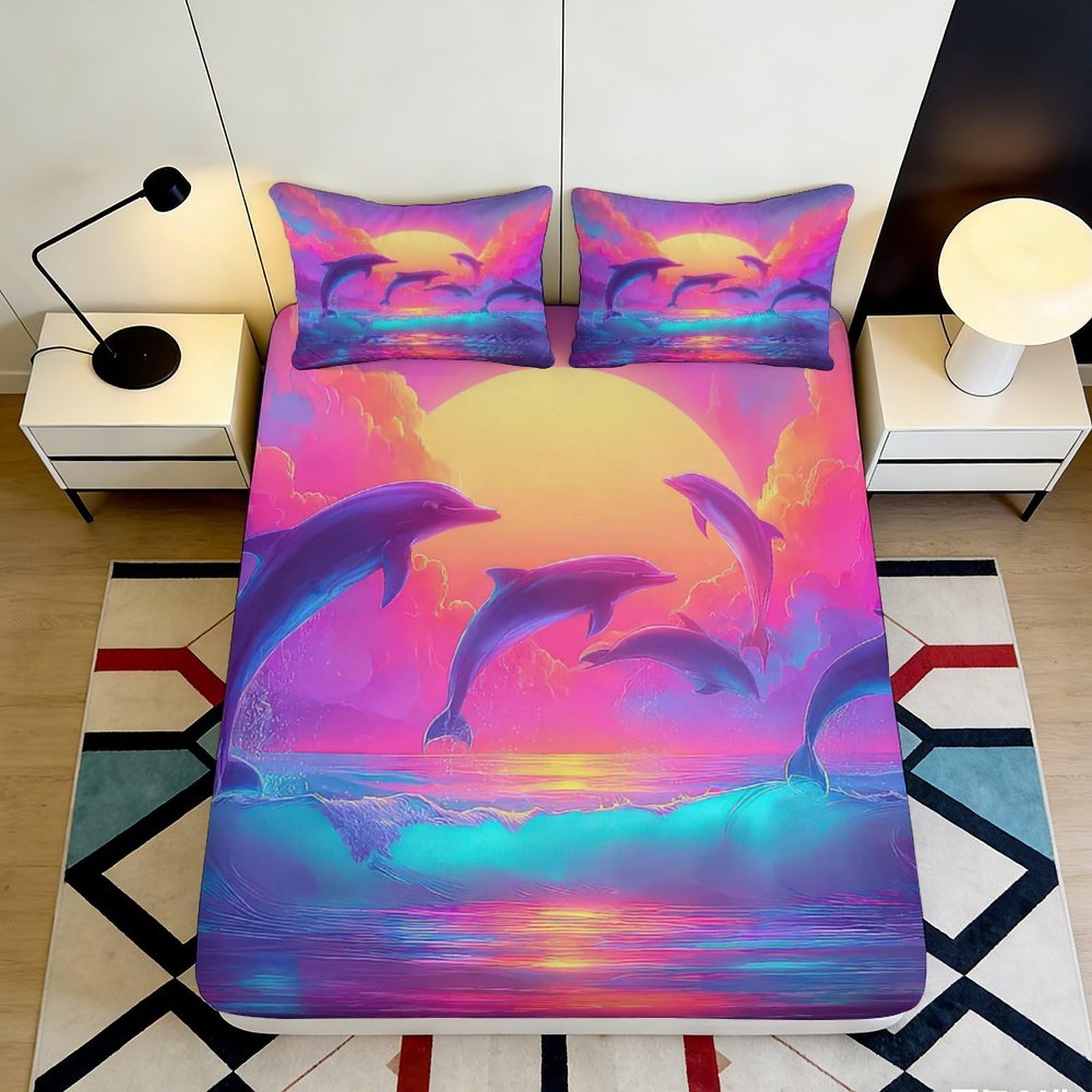 3D Printed Dolphin Sunset Fitted Sheet Microfiber Soft Vibrant 3D Printed Ocean Wave Mattress Cover for Bedroom Dormitory Guest Room Protection 90x200x25cm