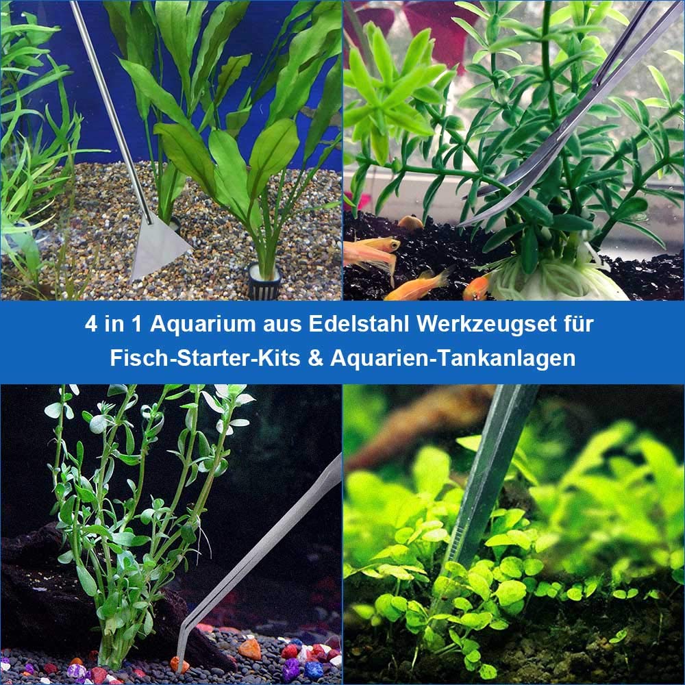 SlowTon Aquascape Zestaw narzędzi do akwarium ze stali nierdzewnej 4 w 1, długa pęseta, nożyczki, szpatułka, wielofunkcyjne, dla początkujących, do czyszczenia żwiru i roślin