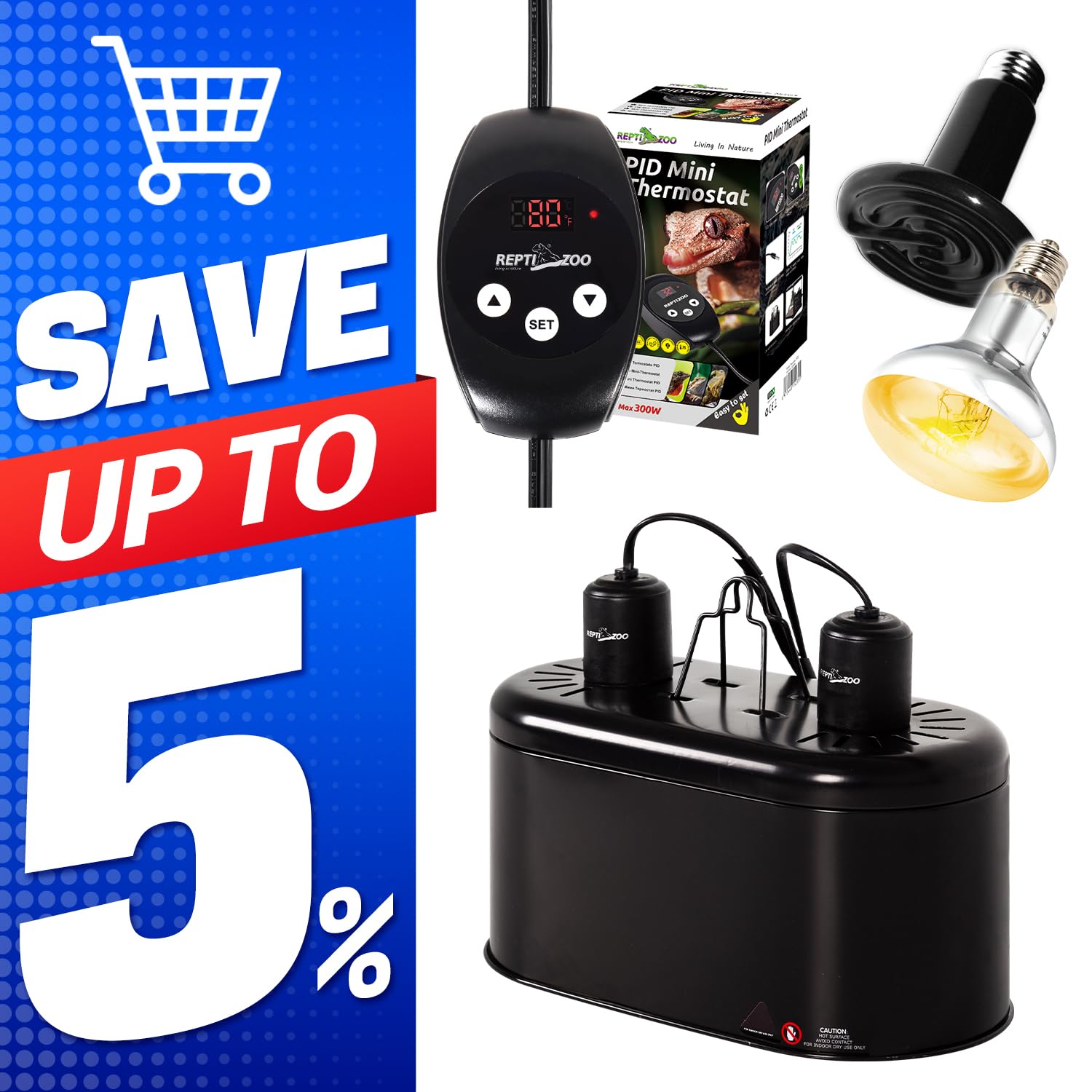 REPTIZOO Reptile Dimming Thermostat Heat Lamp Temperature Controller & REPTIZOO Dual Reptile Light Fixture 100W Full Spectrum UVA UVB Reptile Light Basking Spot Lamp Bulb 100W Ceramic Heat Emitter