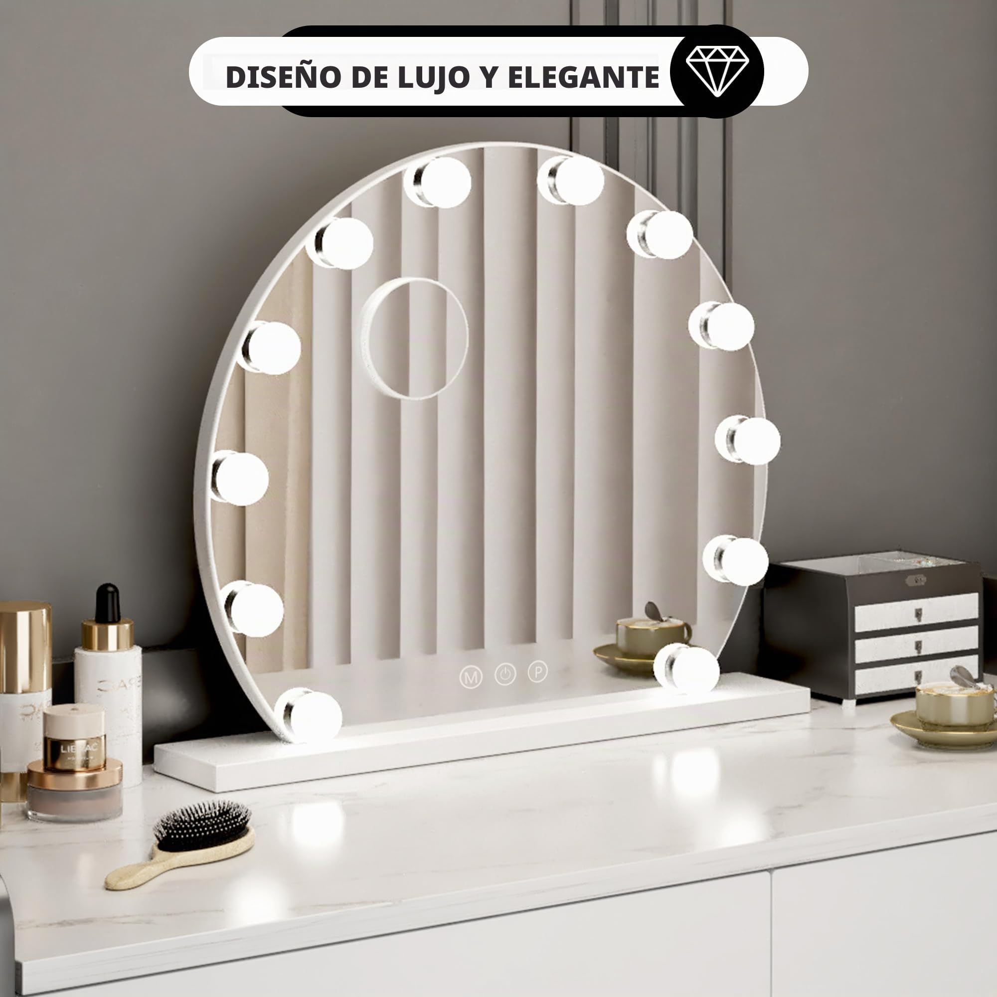 Bayt Hollywood - Espejo de maquillaje con iluminación LED, regulable, 3 modos de luz y 10 aumentos, gran espejo cosmético para tocador, 55 cm de diámetro, color blanco