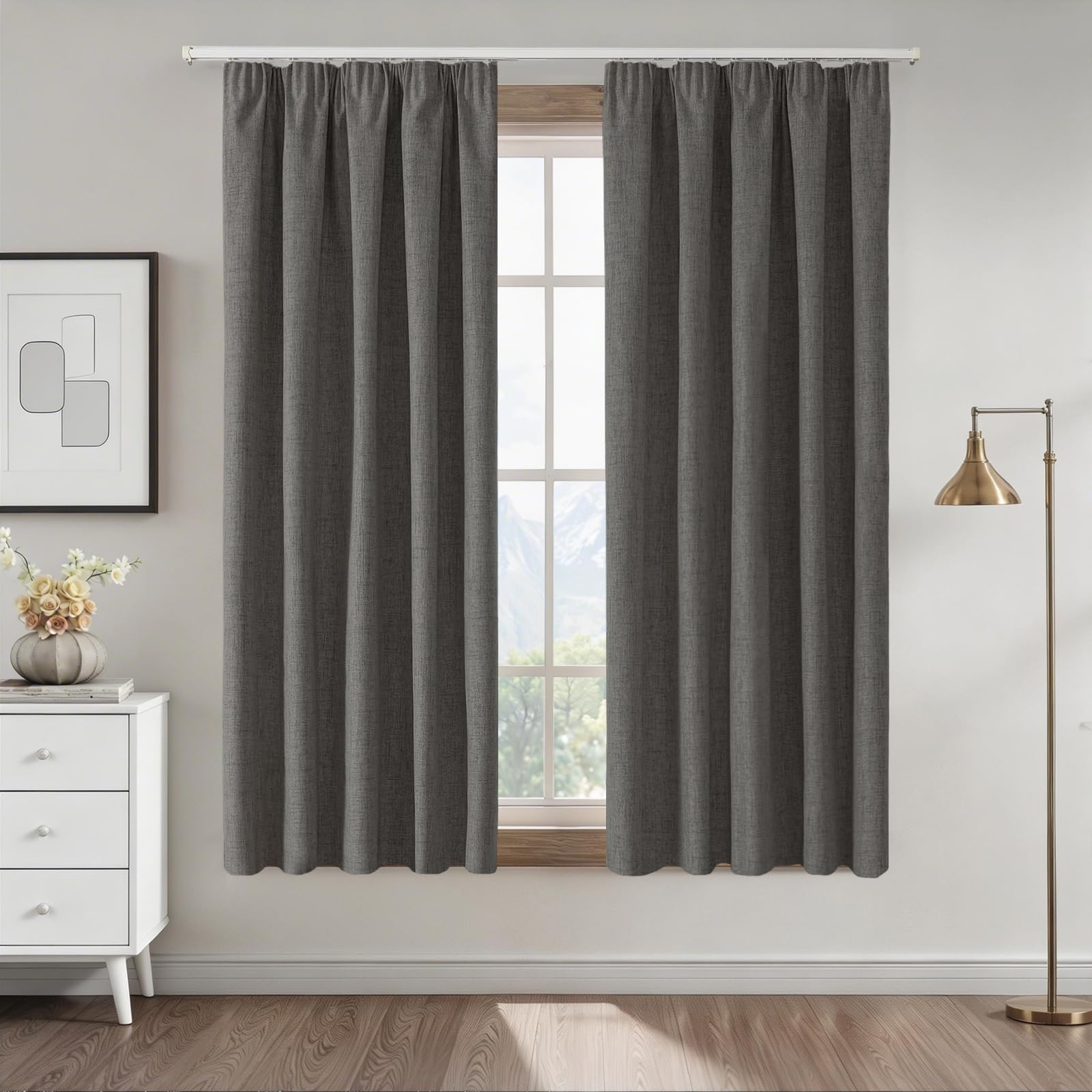 CUCRAF 100% Blackout Pencil Pleat Curtains 46 x 72 Inch Thermal for Living Room Bedroom Kitchen,Grey,2 Panels