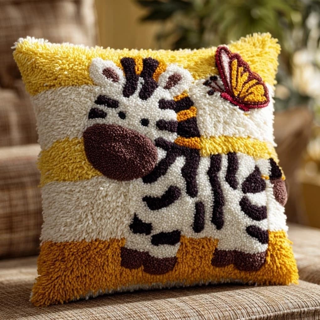 WallustrioaW Latch Hook Pillow Kit -Zebra and Butterfly Embroidery Art Craft Kit - All Ages - Unisex - 43X43Cm