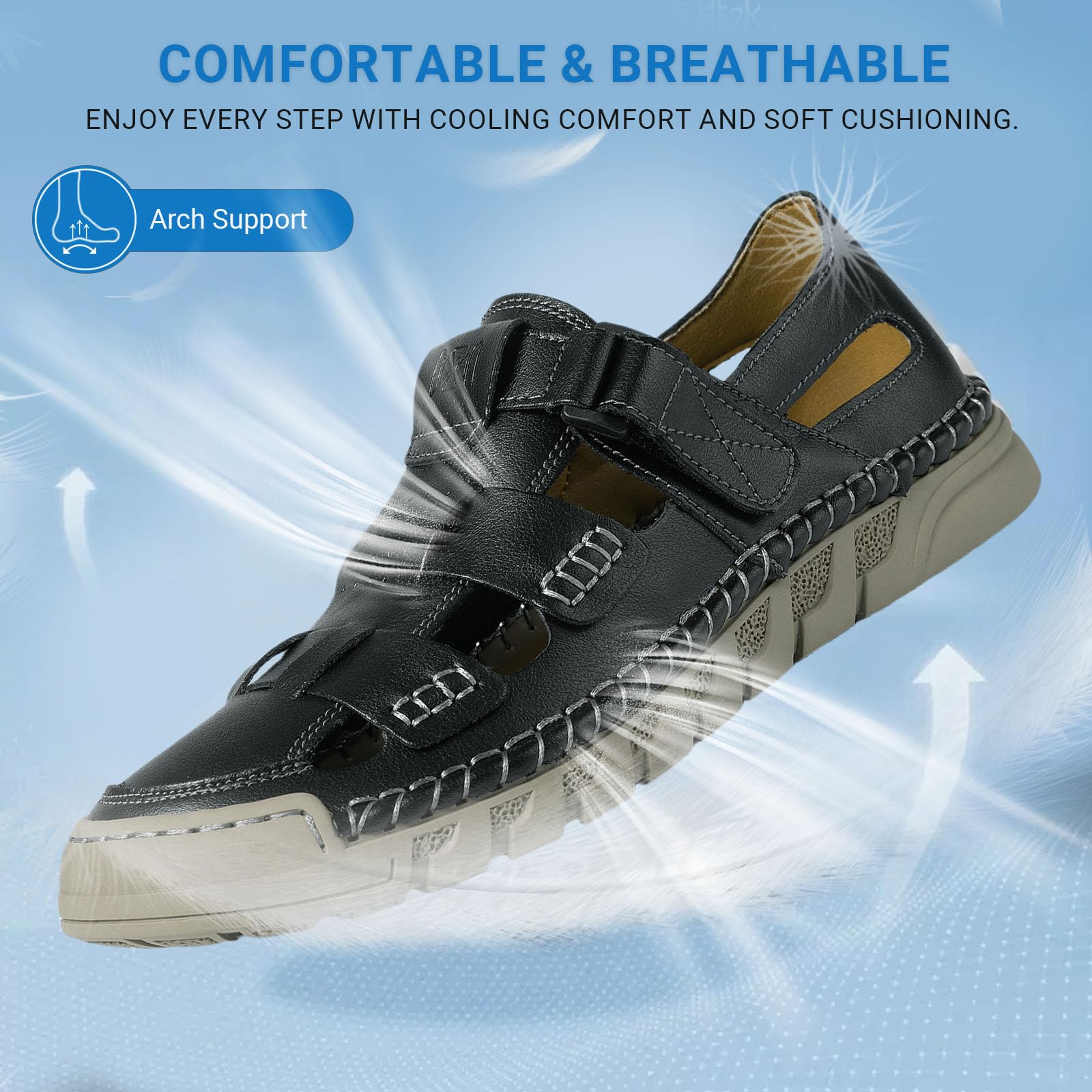 Sandali da uomo casual in pelle estivi sportivi sandali chiusi sandali da pescatore da spiaggia all'aperto scarpe con supporto plantare per uomo