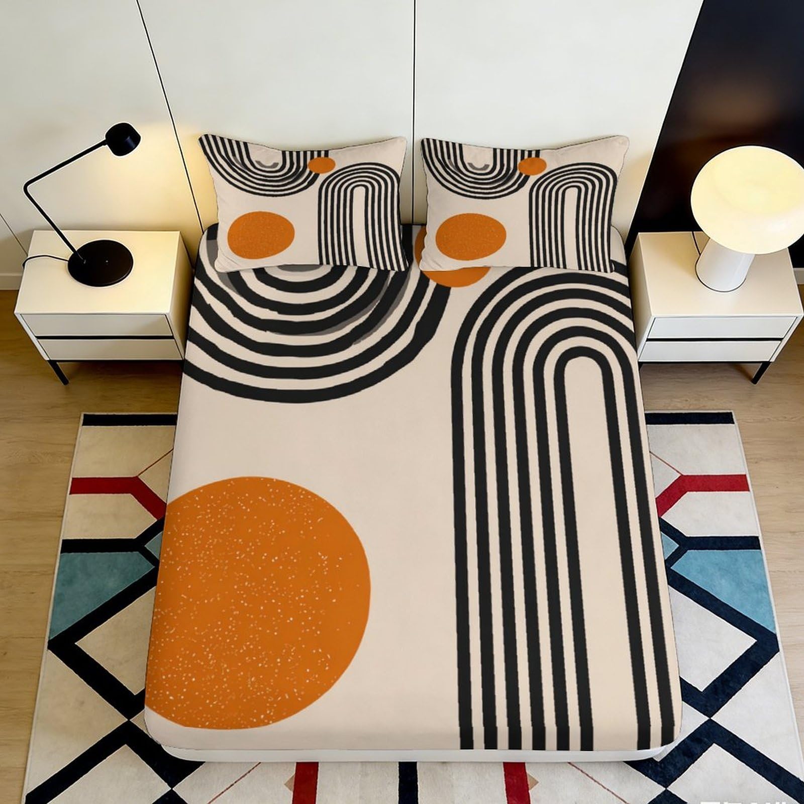 3D Printed Abstract Circles Fitted Sheet Microfiber Durable Easy Care Geometric Lines Mattress Cover for Bedroom Dormitory Guest Room Protection 200x200x25cm