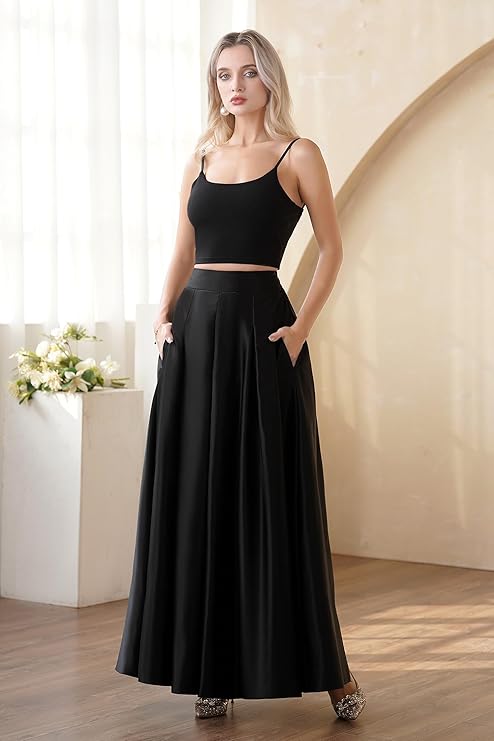 Women’s Front Pleated Back Elastic Formal Prom Party Maxi Skirt A-Line Satin Skirts with Pockets – Black