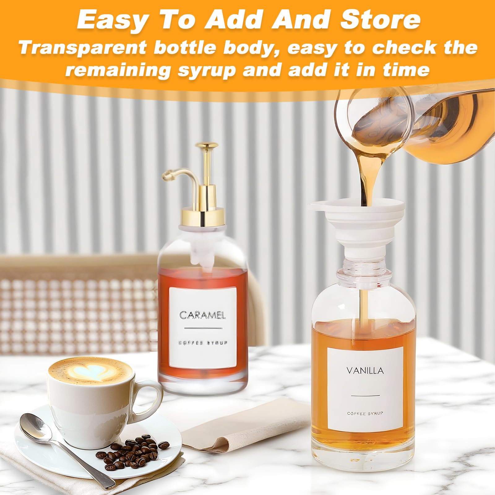 Set 2 Distributore Sciroppo Caffè, con Pompa Dorata, 36 Etichette, Imbuto, Pallet, 500ml Bottiglie Vetro, Dispenser Pompe, Bottiglia Aceto Olio, Erogatore, Accessori Bar, Erogatori Sciroppo per Cucina