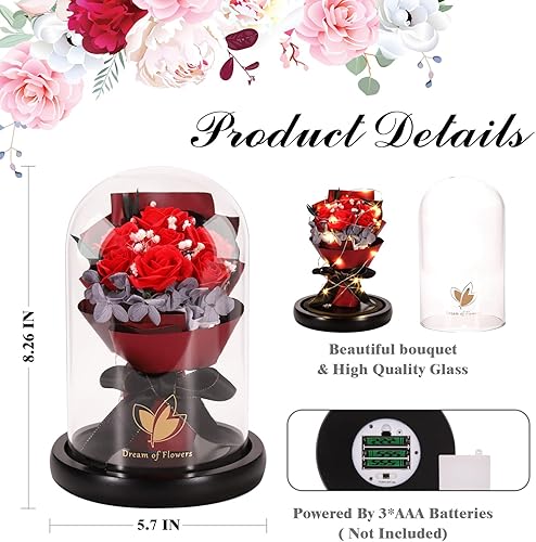 Miniatura 6 de Regalos de rosas de Navidad para mujeres, regalos de cumpleaños, rosa de la Bella y la Bestia en cúpula de cristal con 2 modos de luz, ramos de