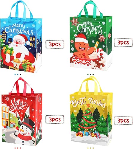 Miniatura 5 de Paquete de 12 bolsas grandes de Navidad con asas, bolsa de regalo reutilizable, no tejida, bolsas de compras para suministros de fiesta de Navidad