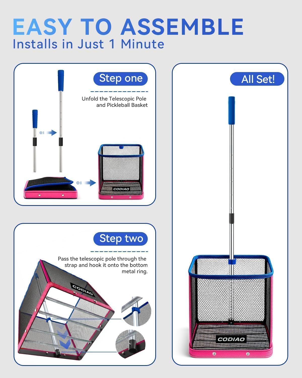 Pickleball Picker Upper 40+ Ball Capacity Hopper Holder, Foldable Basket with Telescopic Stainless Steel Handle, Quick Pickup No Bending Ball Retriever Collector, Portable for Court Training
