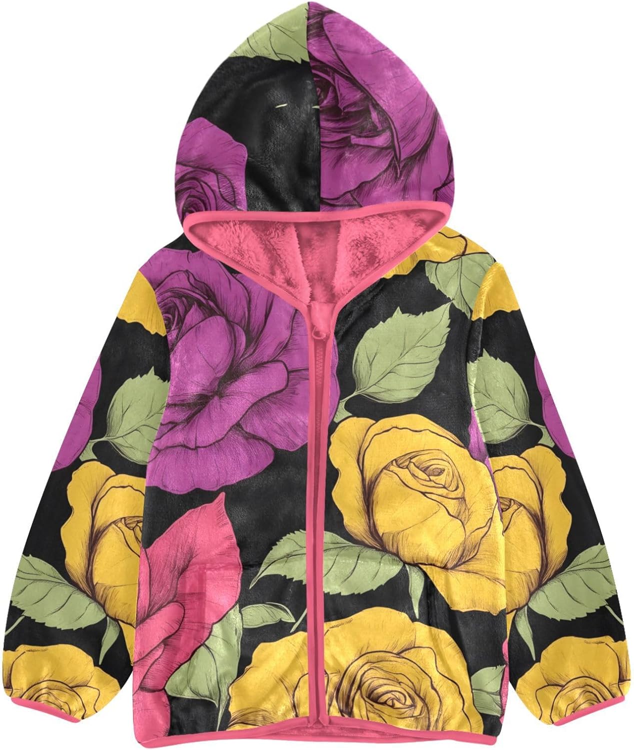 ALAZA Pink Yellow Purple Roses Hoodie Jacket for Girls Toddler Fleece Zip Up Coat Plush Jacket for 3 Years