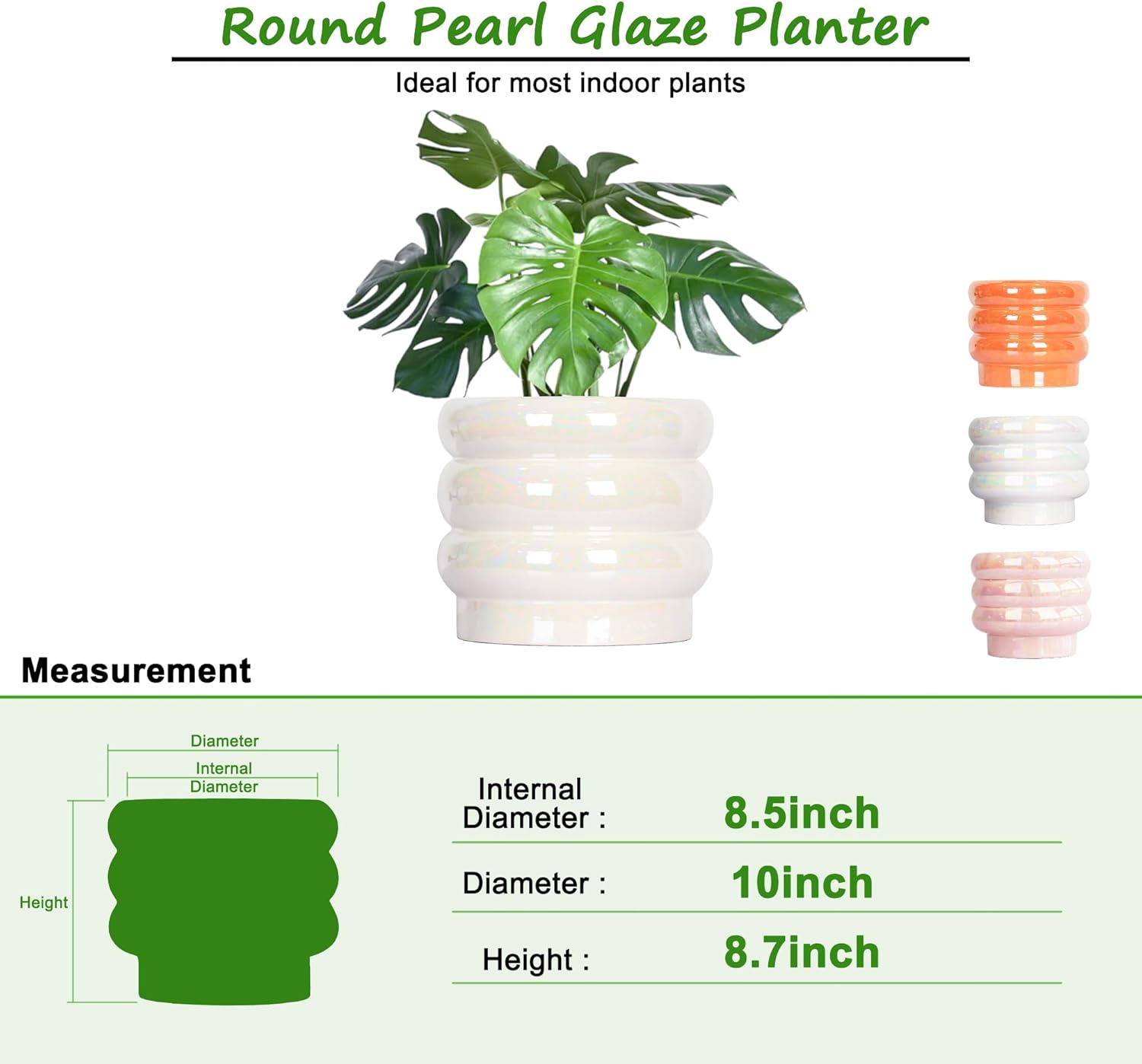 10 inch Ceramic Plant Pots for Indoor Plants, Rainbow Pearl Glaze Planter with Planters for Plants with Drainage Hole, Orchid Pots, Succulent Pot, Large Flower Pot (White)