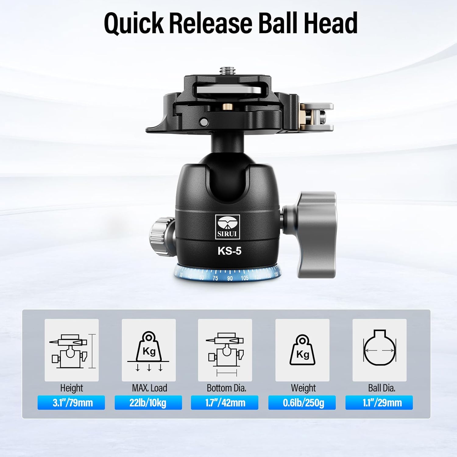 SIRUI Ball Head for Tripod, 29mm Ball Head KS-5, 360° Panoramic Aluminium Alloy Tripod Head for DSLR Camera, Camcorder, Ball Head for Tripod, Monopod, Camera Slider, Max Load 10KG