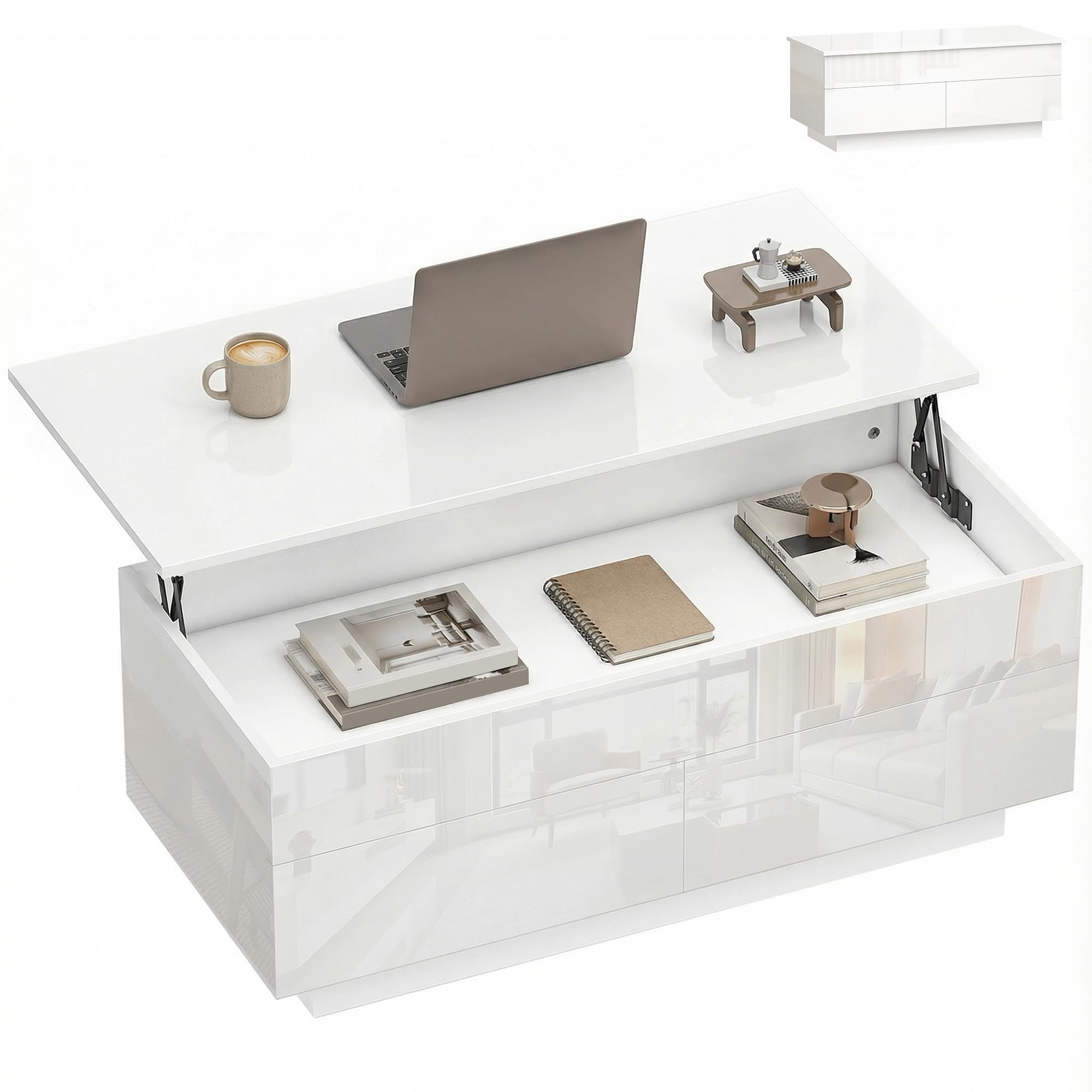 Table basse relevable blanche avec rangements cachés et tiroirs pour optimiser le salon