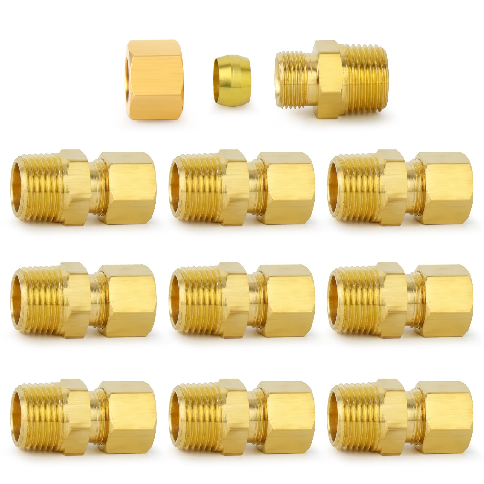 ChillWaves Brass Compression Tube Fitting, 1/8" OD x 1/8" NPT Male Compression Union Connector(10-PACK)
