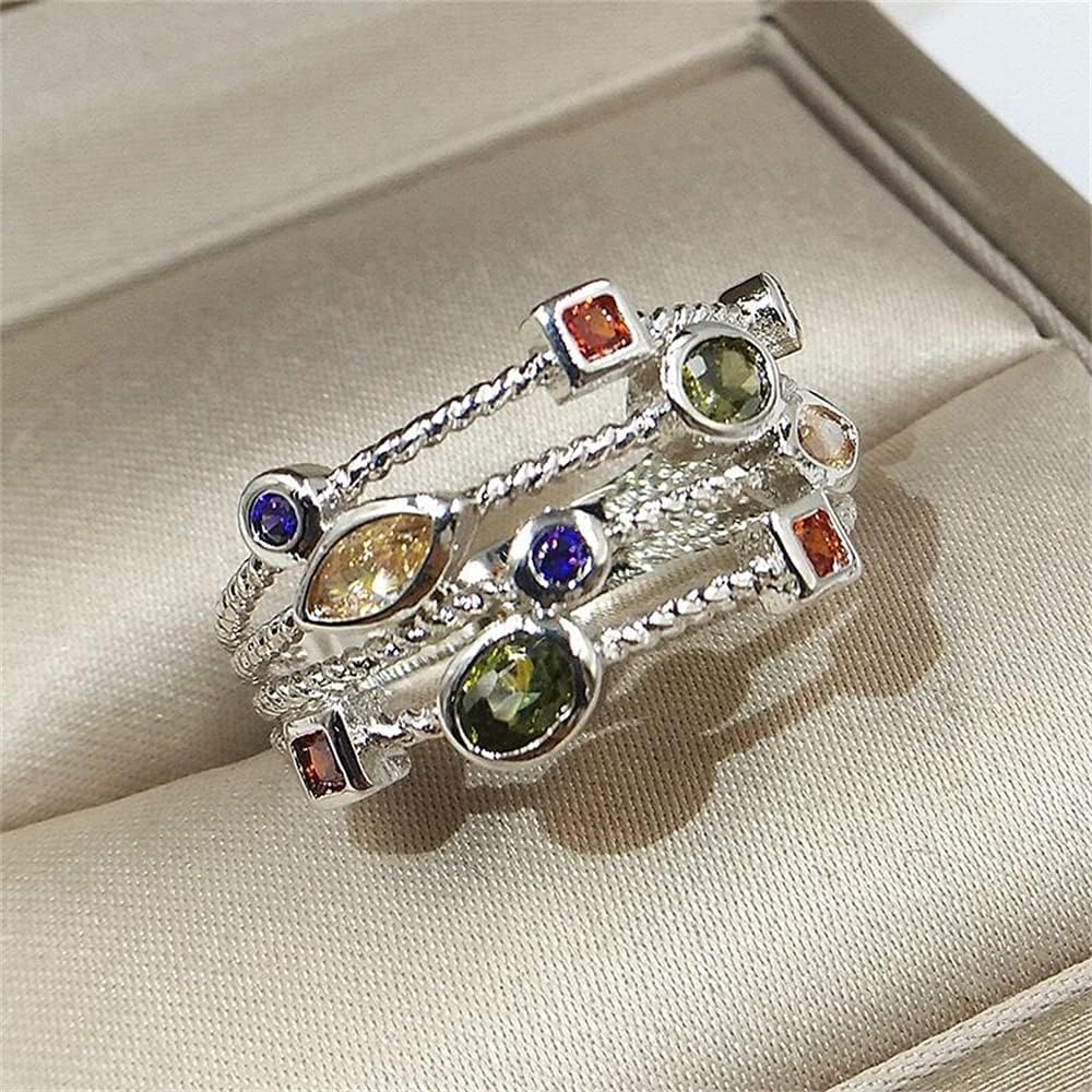 HM038 Sterling Silver Hollow Multiple Rows Geometric Colored Gems Women's Vintage Twisted Rainbow Zircon Princess Ring Eternity Engagement Wedding Cocktail Party Ring (10) - Image 4