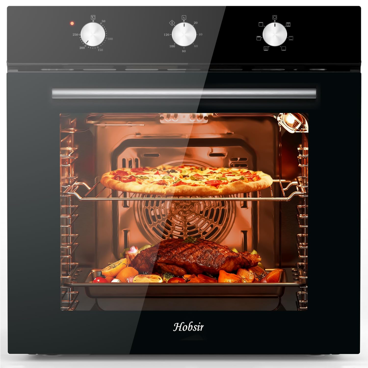 Hobsir 60 cm Einbaubackofen mit 60 L Volumen, Drehknopfsteuerung, 2200 W – Multifunktionsofen mit 6 Garprogrammen, Timer bis 120 Min, ideal für Profis und Einsteiger