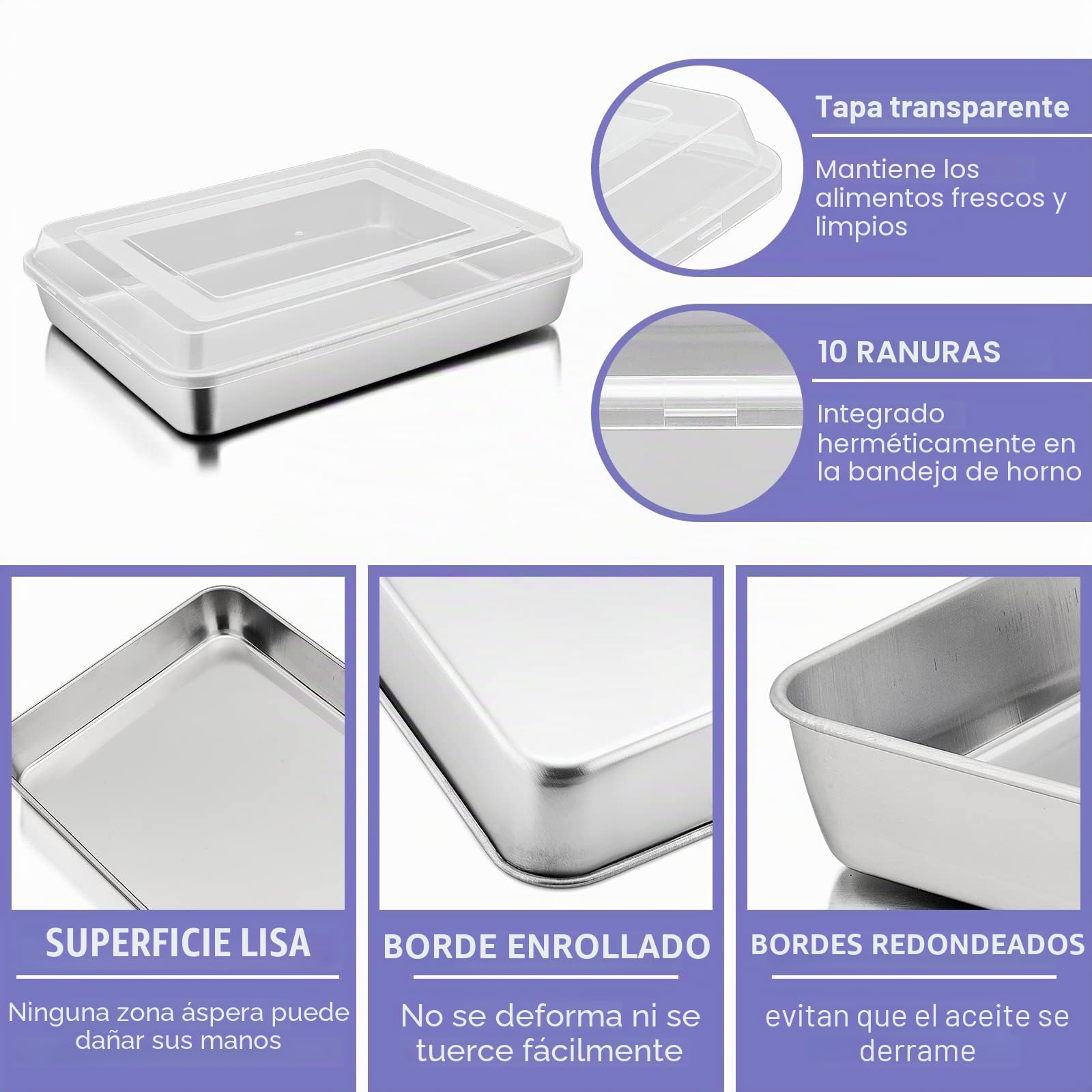 Herogo Molde para tartas, bandeja para hornear profunda con tapa, 31 x 24 x 5 cm, de acero inoxidable, rectangular, bandeja para horno, bandeja para tartas, sartén para hornear y cocinar, ideal para