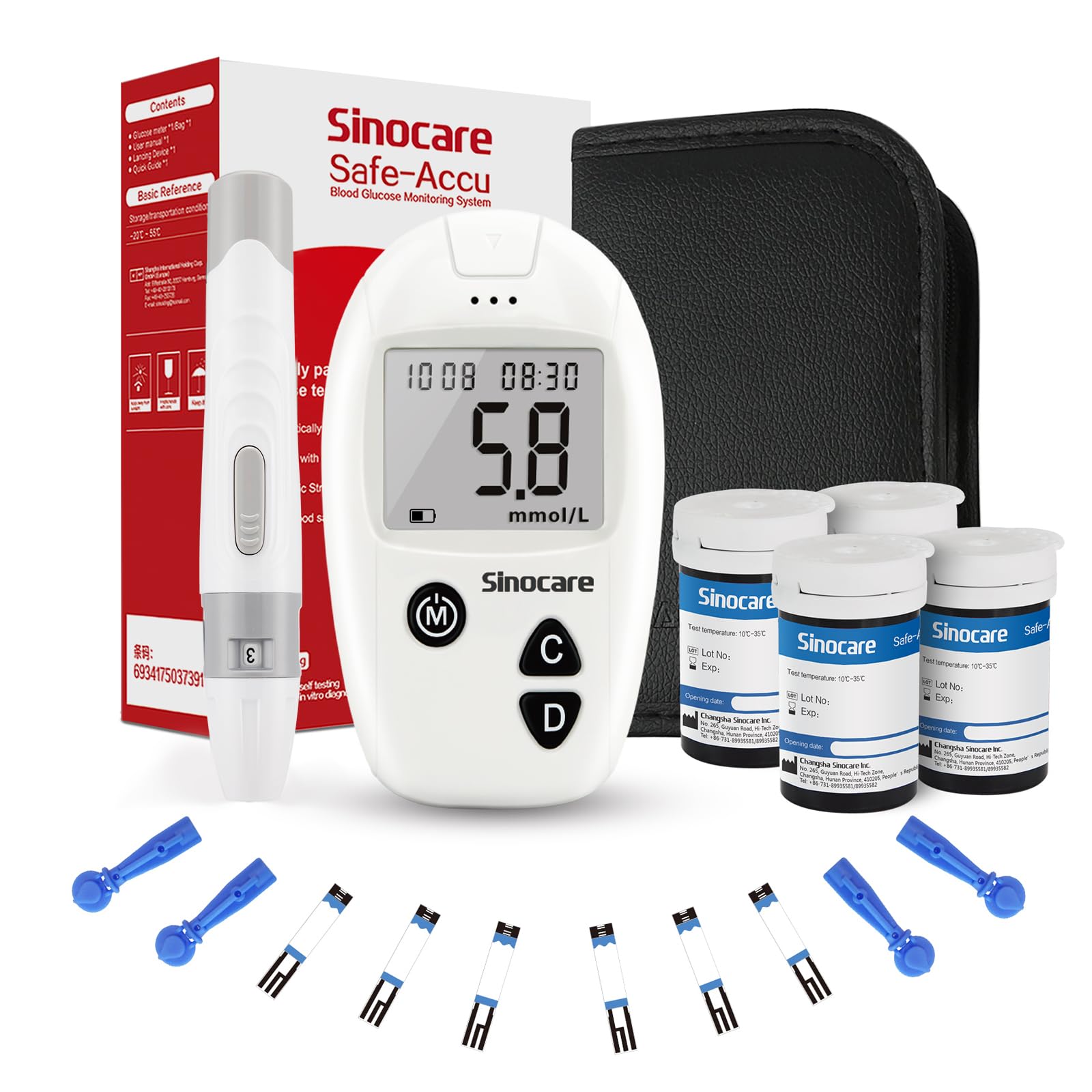 Sinocare Safe Accu Blood Sugar Monitor, Blood Sugar Test Kit 100 Strips & 100 Lans., Blood Glucose Monitors, Diabetes Testing Kit for UK Home Use, No Coding Glucometer in mmol/LClimatePartner certified