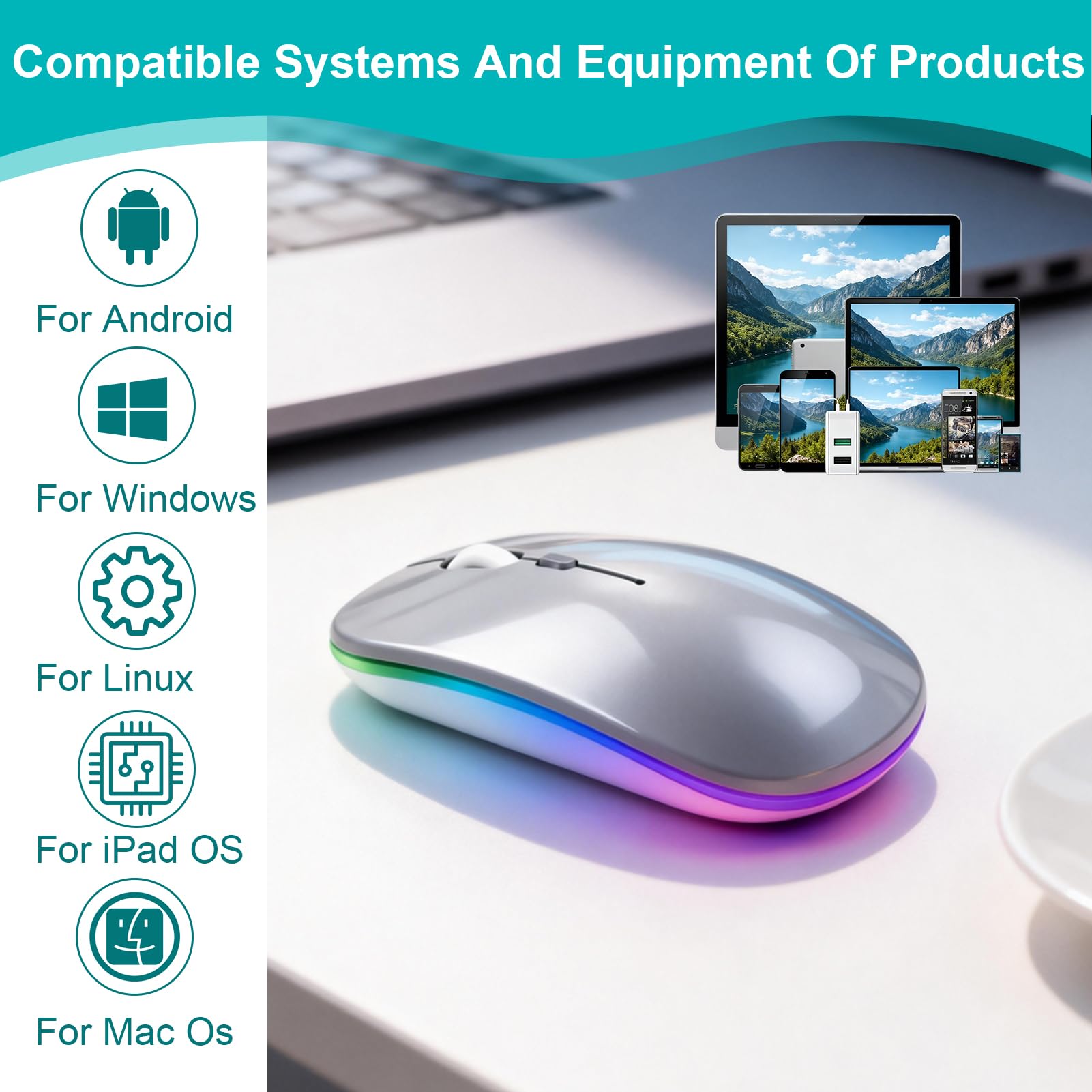 Souris sans Fil Rechargeable, Souris Bluetooth (BT 5.1+2.4G sans Fil), 1200 DPI Souris Silencieuse Ultra-Mince, Wireless Mouse Deux Modes pour MacBook/Tablette/iPad/Ordinateur Portable/PC/Notebook