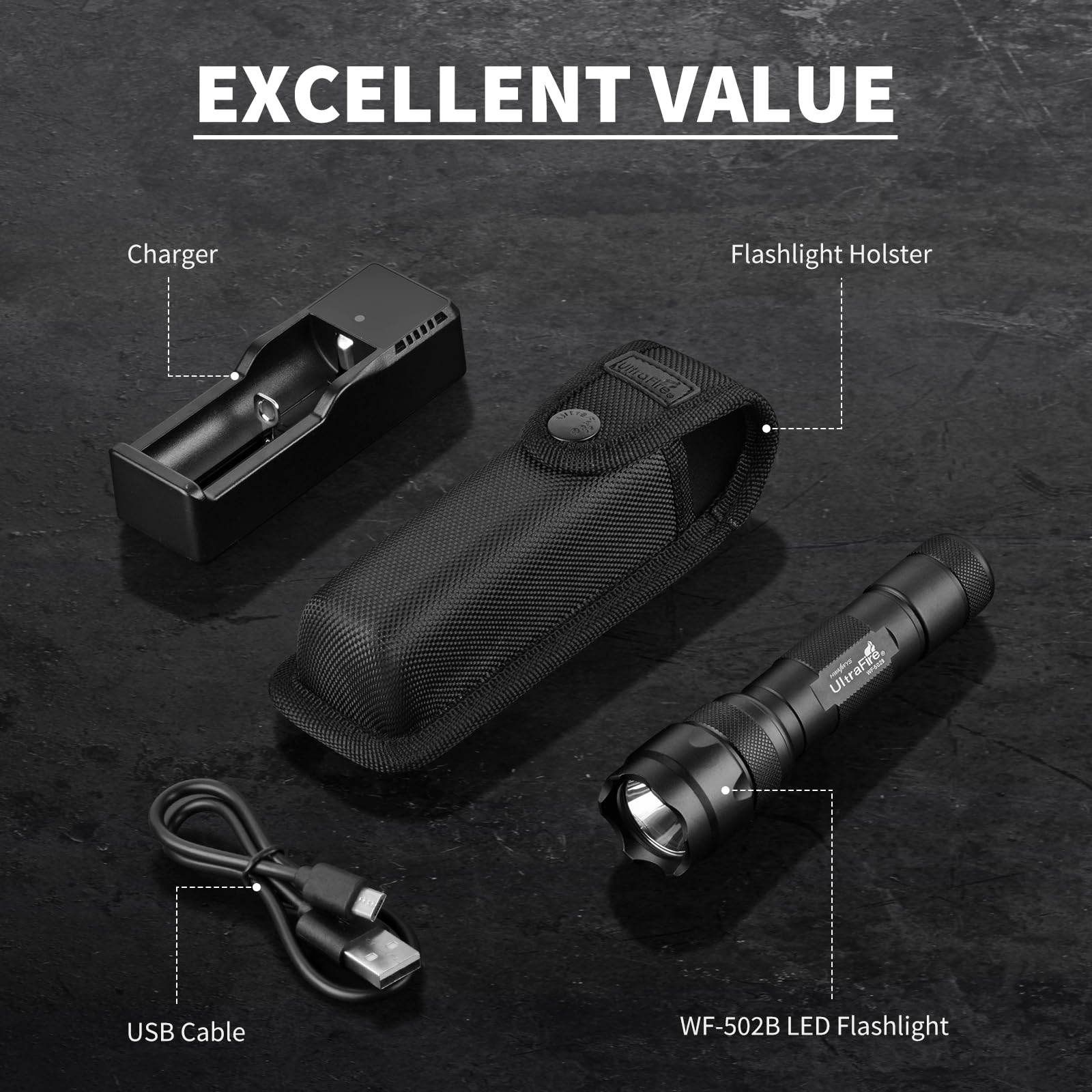 ULTRAFIRE Lampe torche tactique avec étui, 1000 lumens, mode unique, lampe torche LED avec pochette pour ceinture de service, petite lampe de poche EDC lumineuse pour camping, sécurité, application de
