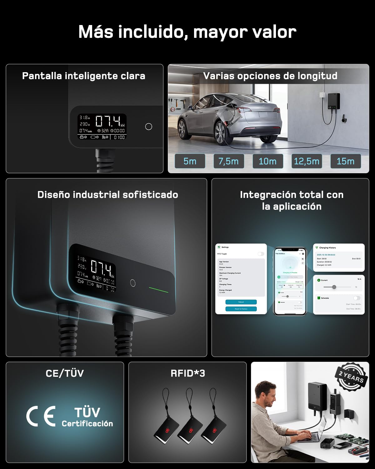 dé Wallbox 7,4 kW Monofásico con App, Cable Tipo 2 de 7,5 m, RFID, Cargador Coche Eléctrico 7,4 kW 6–32 A 230 V, con RCD Tipo A 30 mA CA + 6 mA CC, IP54, para Model Y/3 y Otros BEV/PHEV, Negro