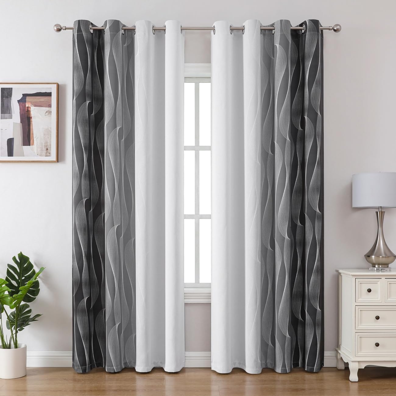 Gazal Vole Ombre Room Darkening Curtains – Modern Gradient Eyelet Drapes with Wave Line Pattern, 90 Inch Drop, 80-90% Darken Light for Living Room & Office (Dark Grey+White)-W 55 x L 90 inch — image 1