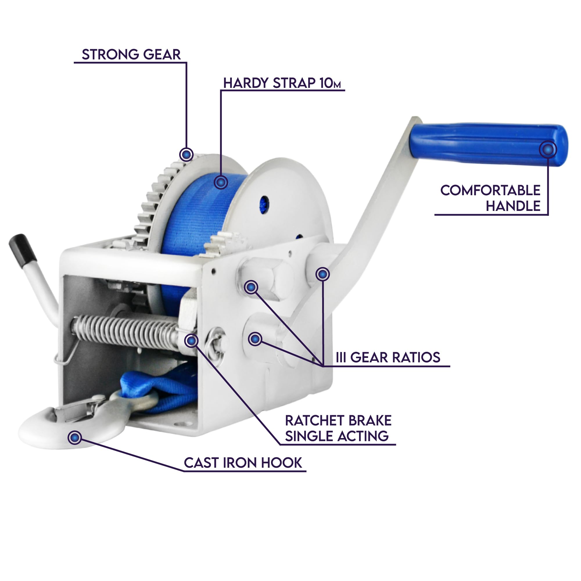 Cabrestante Manual 2500 lbs | 1133 Con Correa De 10 Metros, Fabricado En Acero Inoxidable, Freno de Trinquete, De Simple Efecto, Para Barcos, Remolques, Industria
