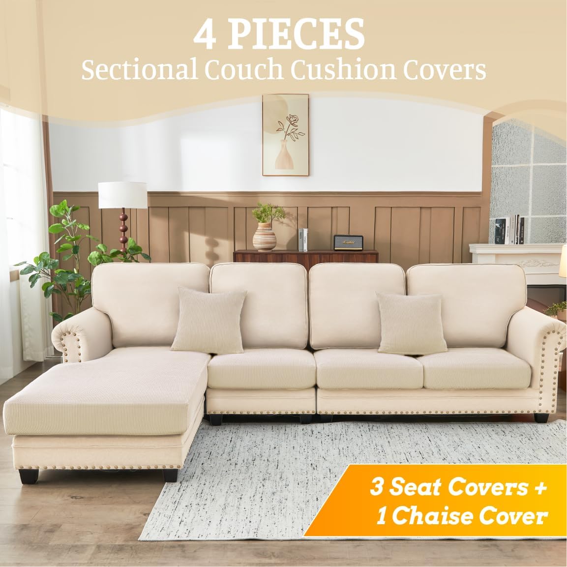 BT.WA Sectional Couch Covers for Sofa Cushion L Shaped Couch Cover Washable Soft Couch Cushion Covers Stretch Sofa Slipcovers with 2 Pcs Pillowcases(4-Piece 3 Seater + 1 Chaise, Natural)