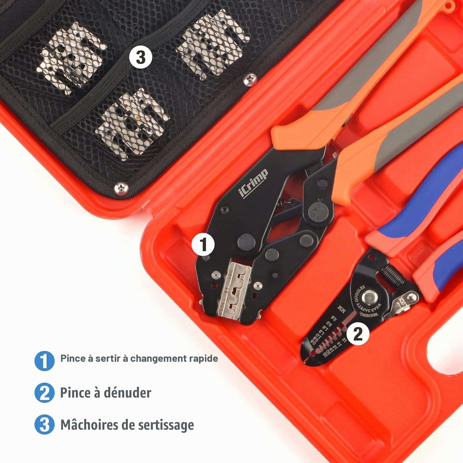 iCrimp IWS-QCKIT Kit sertissage 8 pièces avec matrices interchangeables | Pince à sertir à cliquet avec dénudeur pour cosses isolées, non isolées et embouts