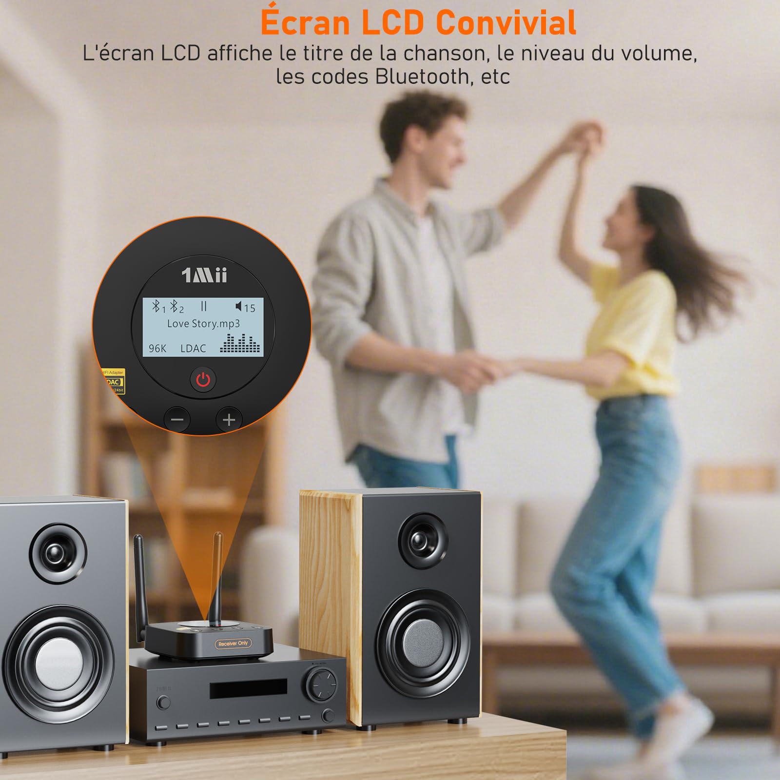 1Mii B06Pro+ Récepteur Audio Bluetooth 5.3 Hi‑FI, pour Chaîne Hi‑FI | Adaptateur sans Fil avec LDAC Hi‑Res, aptX HD Faible Latence, Sorties RCA/Jack 3,5 mm Optique Coaxial, Écran LCD