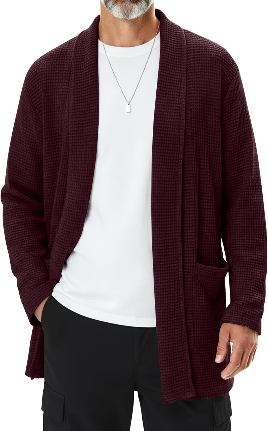 August Alley Men's Shawl Collar Cardigan Sweater Open Front Waffle Textured Knit Long Casual Cardigan with Pockets