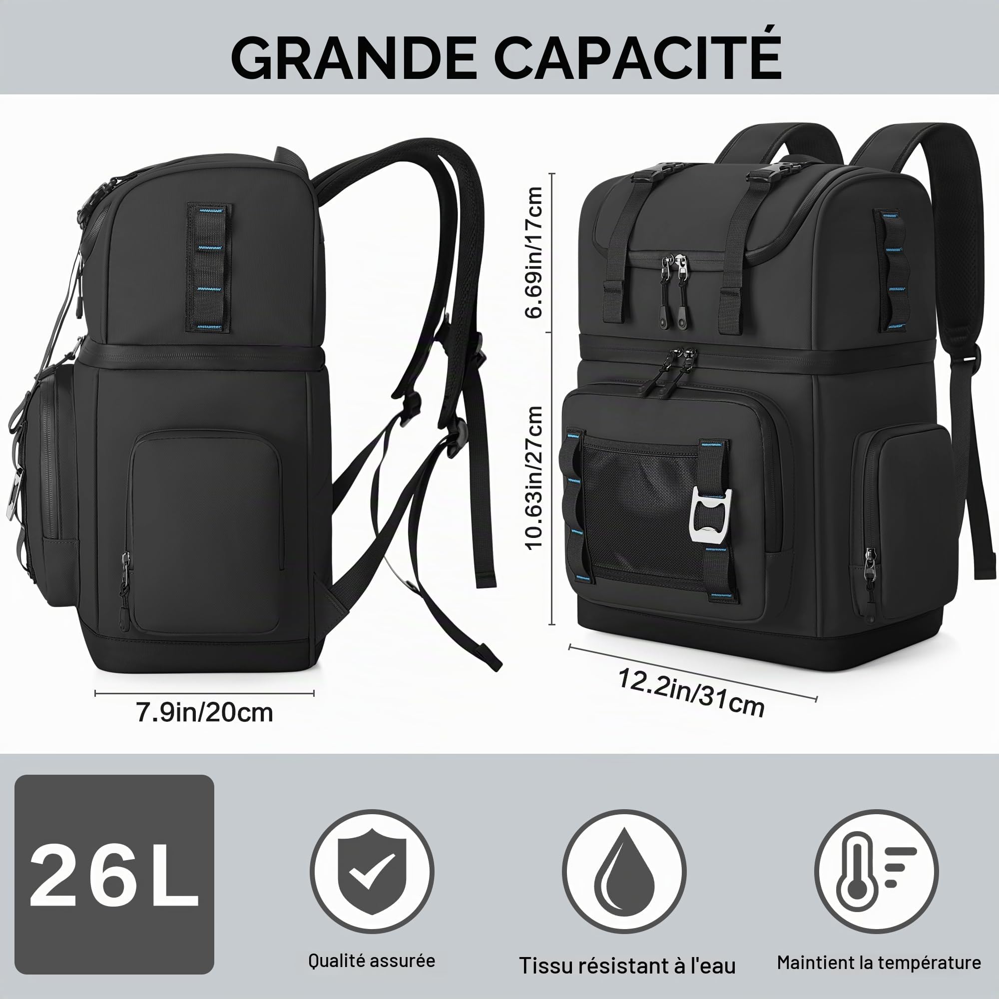 Grand Sac à Dos Isotherme, Sac à Dos Glaciere Double Épaisseur Imperméable,Sac de Pique-Nique Isotherme et Anti-fuites pour Homme & Femme