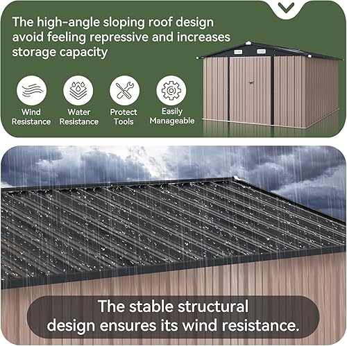 Vista 17 de Aoxun Cobertizo de almacenamiento al aire libre de 80 pies cúbicos impermeable para jardín, cobertizo de herramientas de metal, color marrón