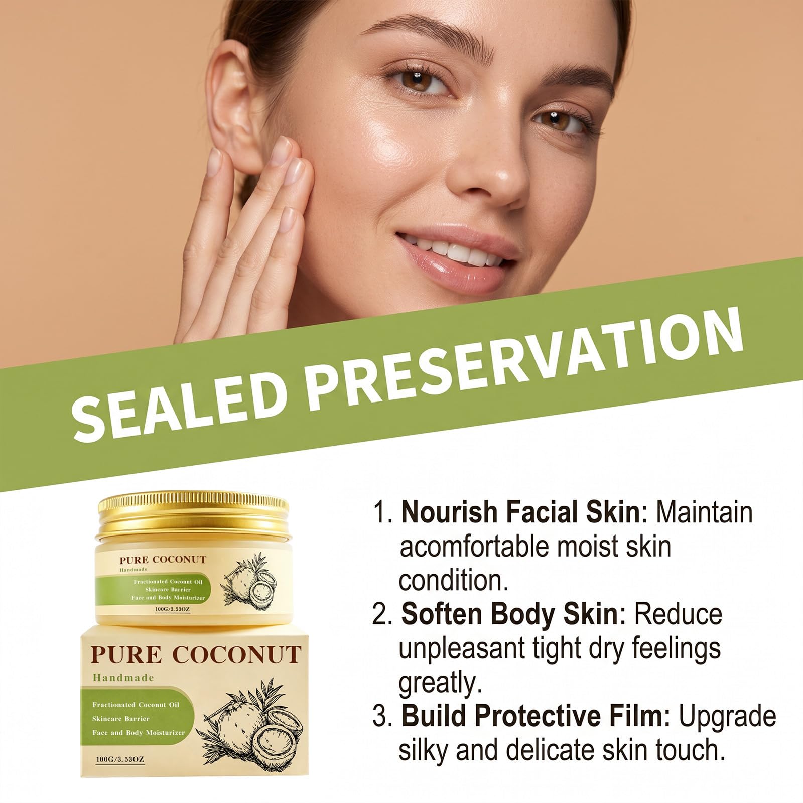 Crème à l'huile de noix de coco fractionnée pure, hydratant fait à la main pour le visage et le corps, soin de la barrière cutanée pour les peaux sèches, crème de noix de coco nourrissante (9PCS)