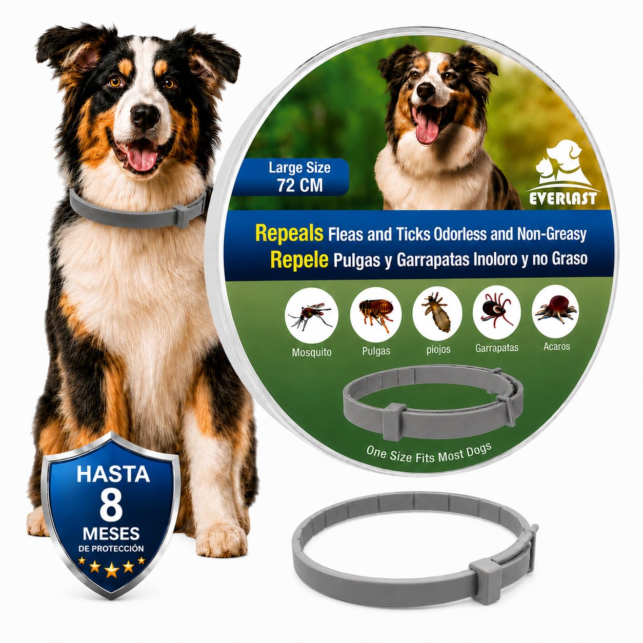 Anti-Parasitic Collar for Dogs – Protection Against Fleas, Ticks and Mosquitoes up to 8 Months – Waterproof, Adjustable and Comfortable (2, Grey, 72 cm)