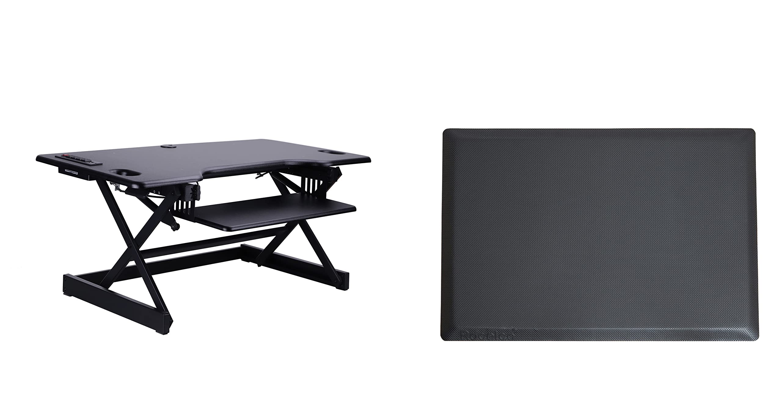 Rocelco 46" Height Adjustable Standing Desk Converter with AC USB Charger and Anti Fatigue Floor Mat - Sit Stand Up Triple Screen Riser Workstation - Keyboard Tray - Black (R DADRB-46-ACUSB-MAFM)