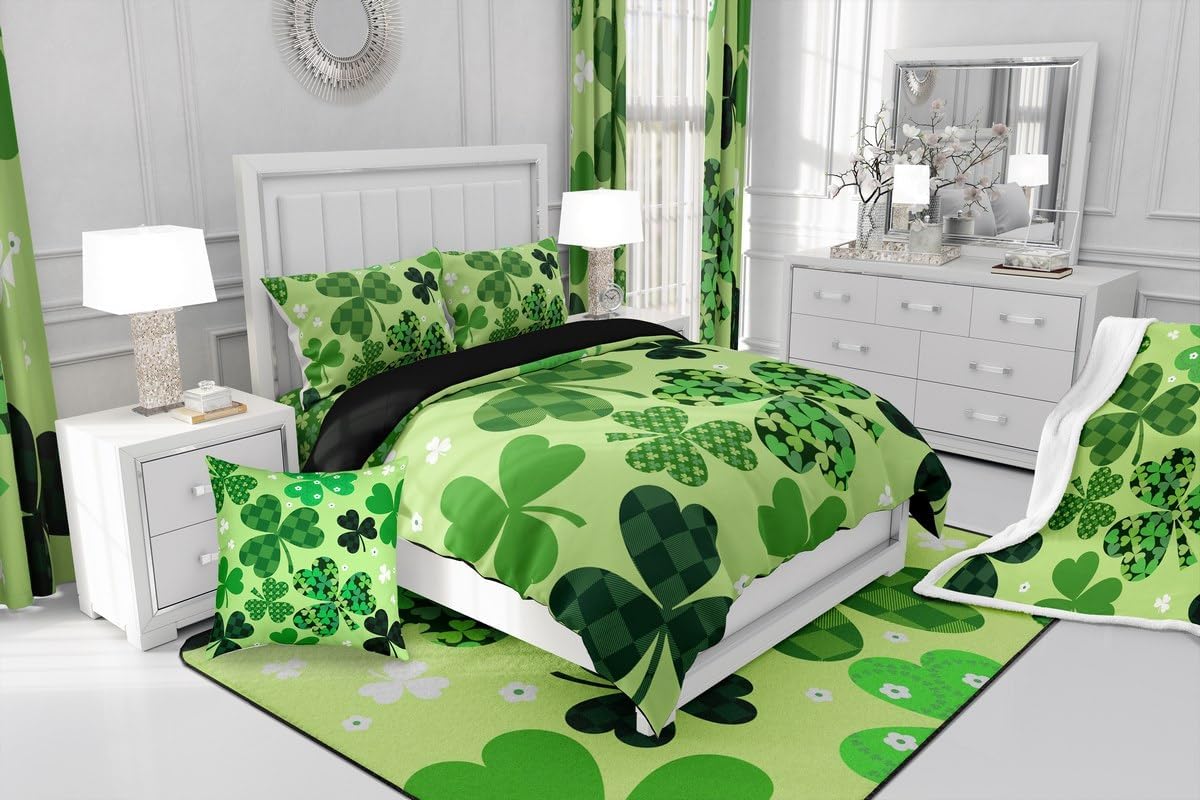 Manfei Happy St. Patrick's Day Bedding Set Four Leaf Clover Bedding Duvet Cover Kids Teens Western Holiday Plant Comforter Cover Soft Polyester Bedroom Quilt Cover 3Pcs King,No Comforter